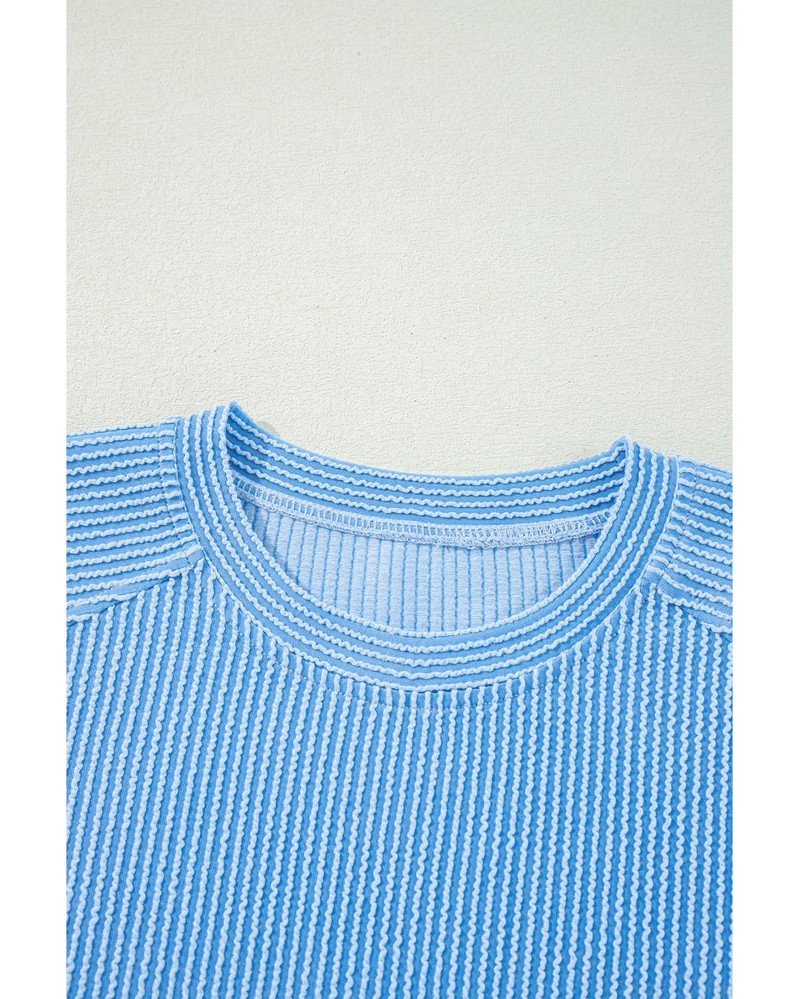 Blue Solid Corded Knit Short Sleeve T Shirt and Wide Leg Pants Set - M 4