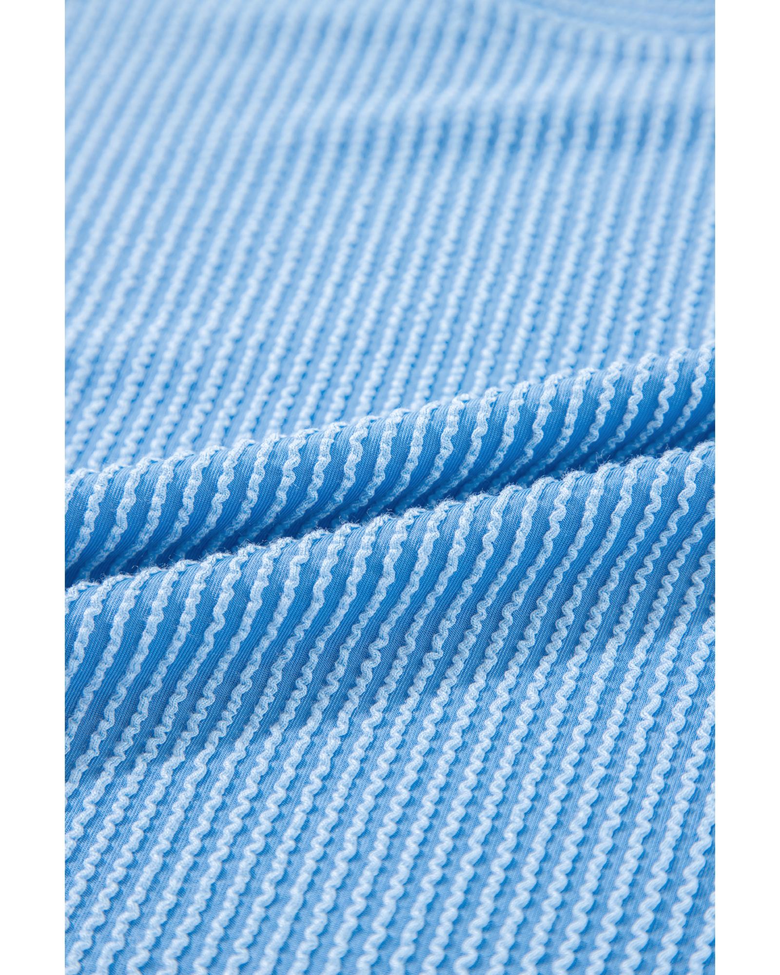 Blue Solid Corded Knit Short Sleeve T Shirt and Wide Leg Pants Set - S 5