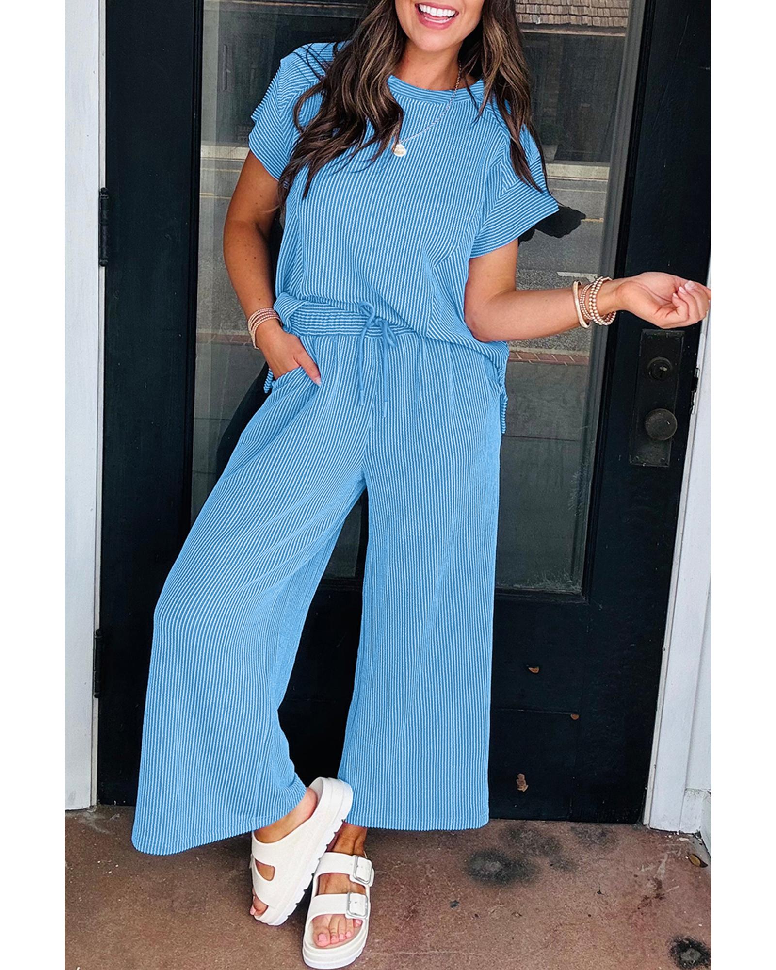 Blue Solid Corded Knit Short Sleeve T Shirt and Wide Leg Pants Set - S 7