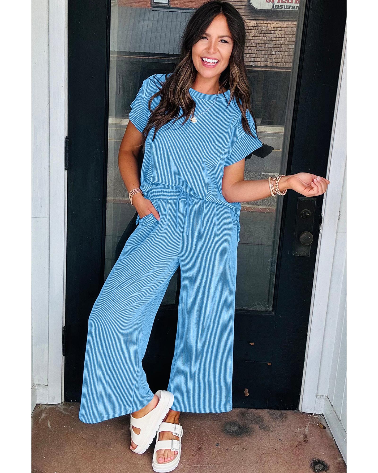 Blue Solid Corded Knit Short Sleeve T Shirt and Wide Leg Pants Set - XL