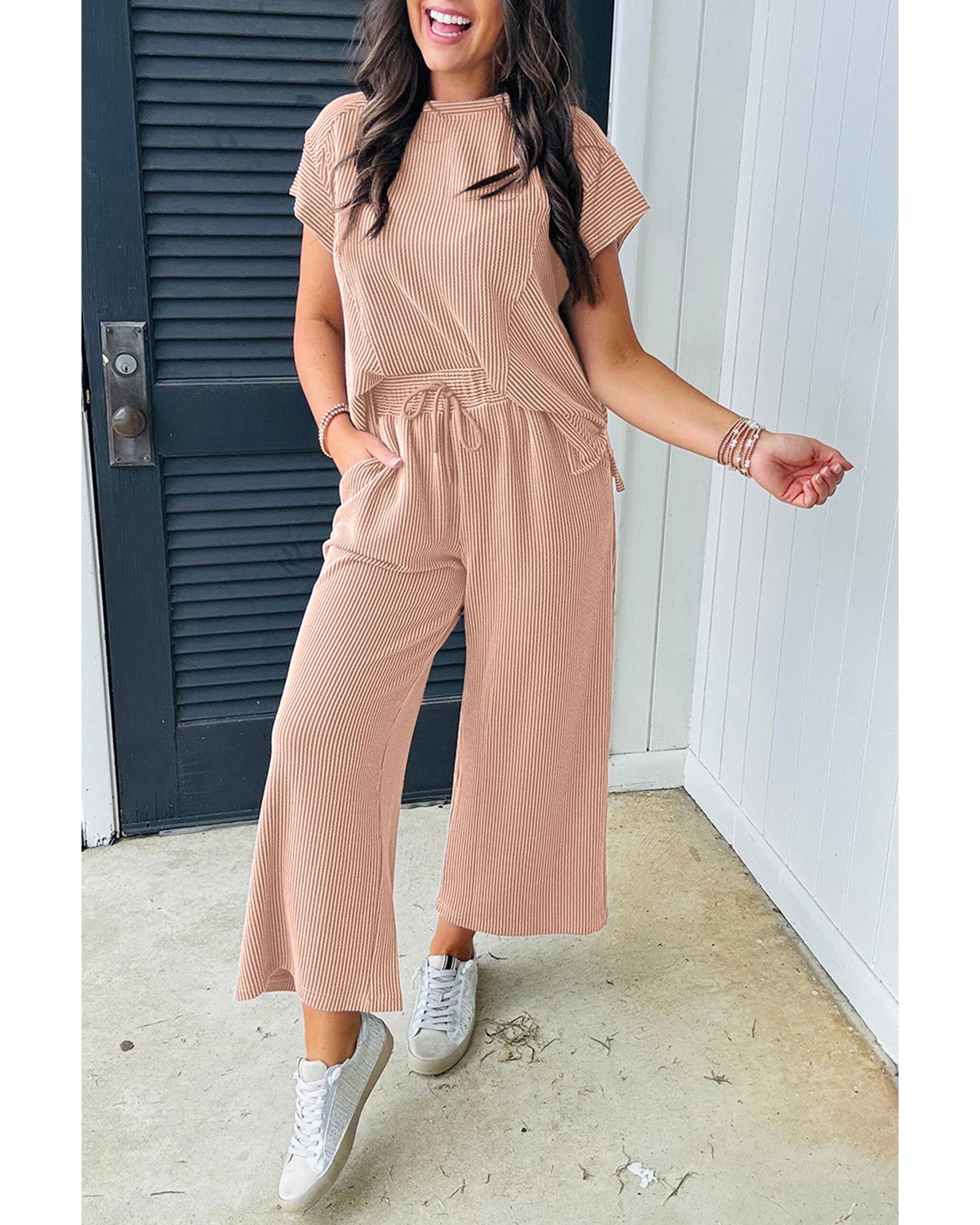 Smoke Gray Solid Corded Knit Short Sleeve T Shirt and Wide Leg Pants Set - M 3