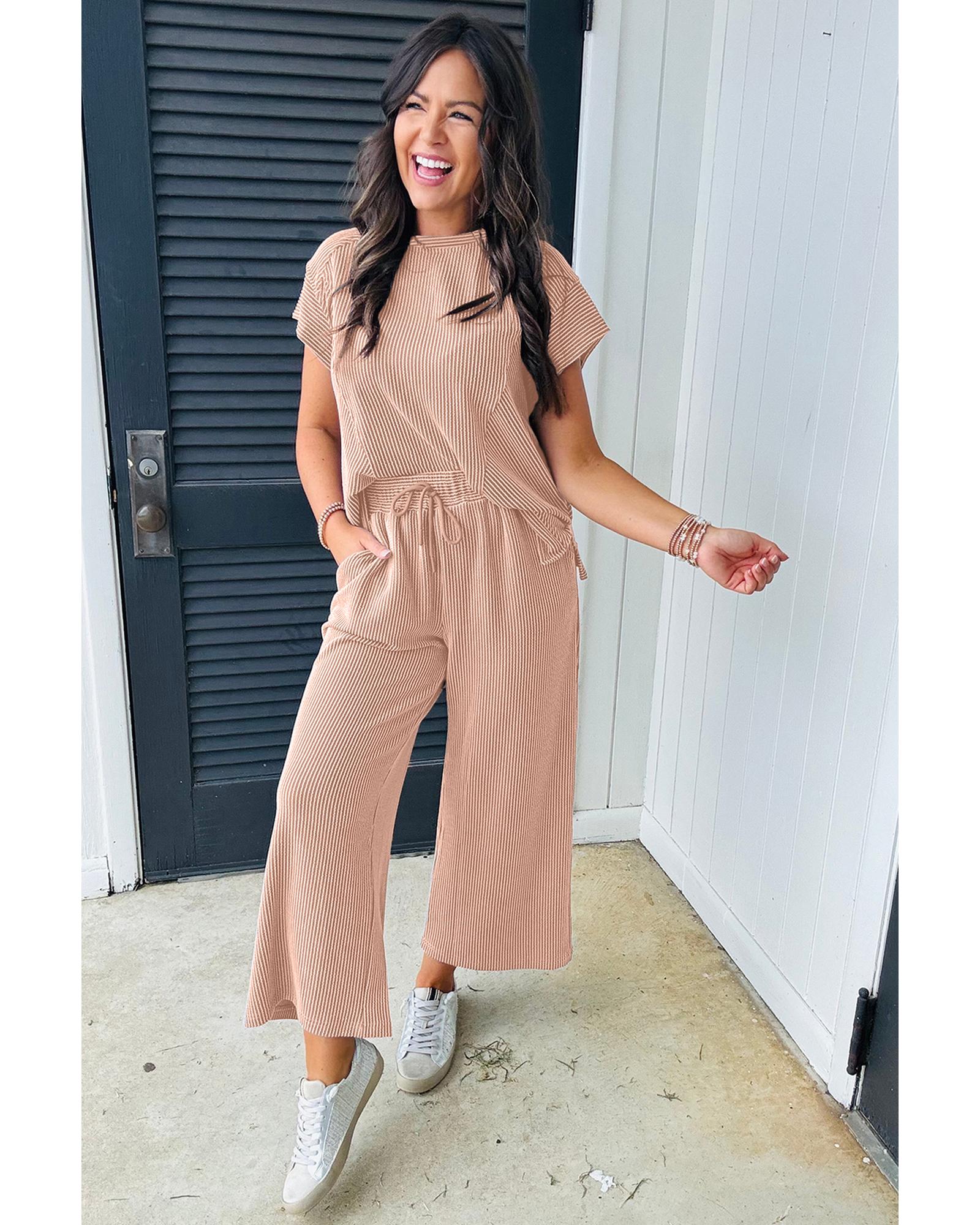 Smoke Gray Solid Corded Knit Short Sleeve T Shirt and Wide Leg Pants Set - S 4