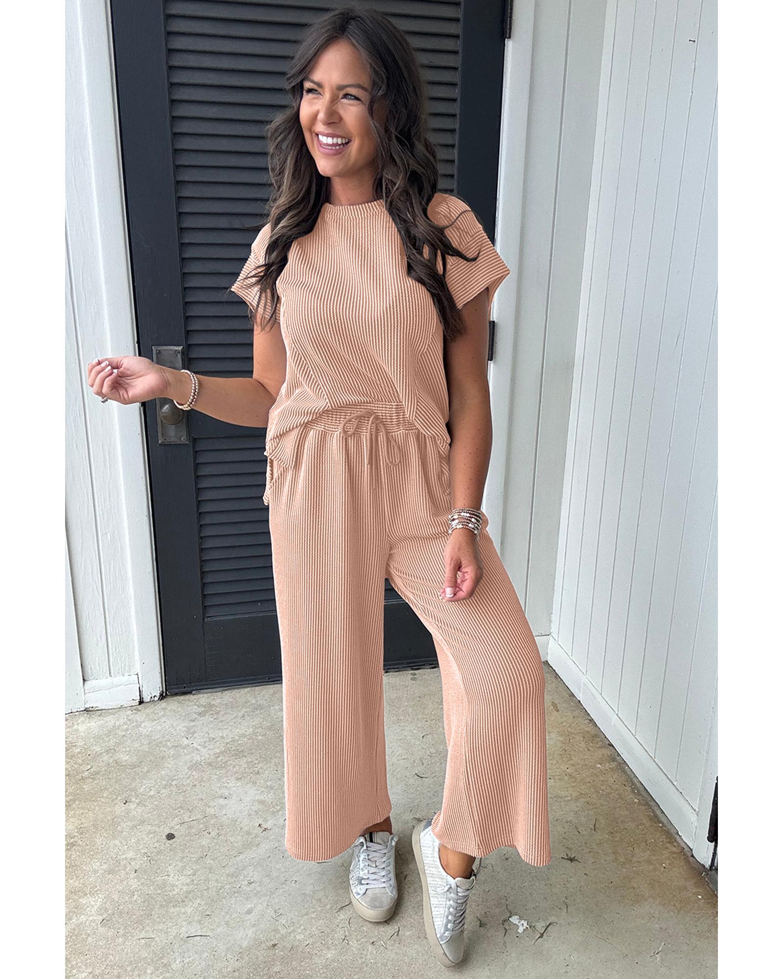 Smoke Gray Solid Corded Knit Short Sleeve T Shirt and Wide Leg Pants Set - S 6