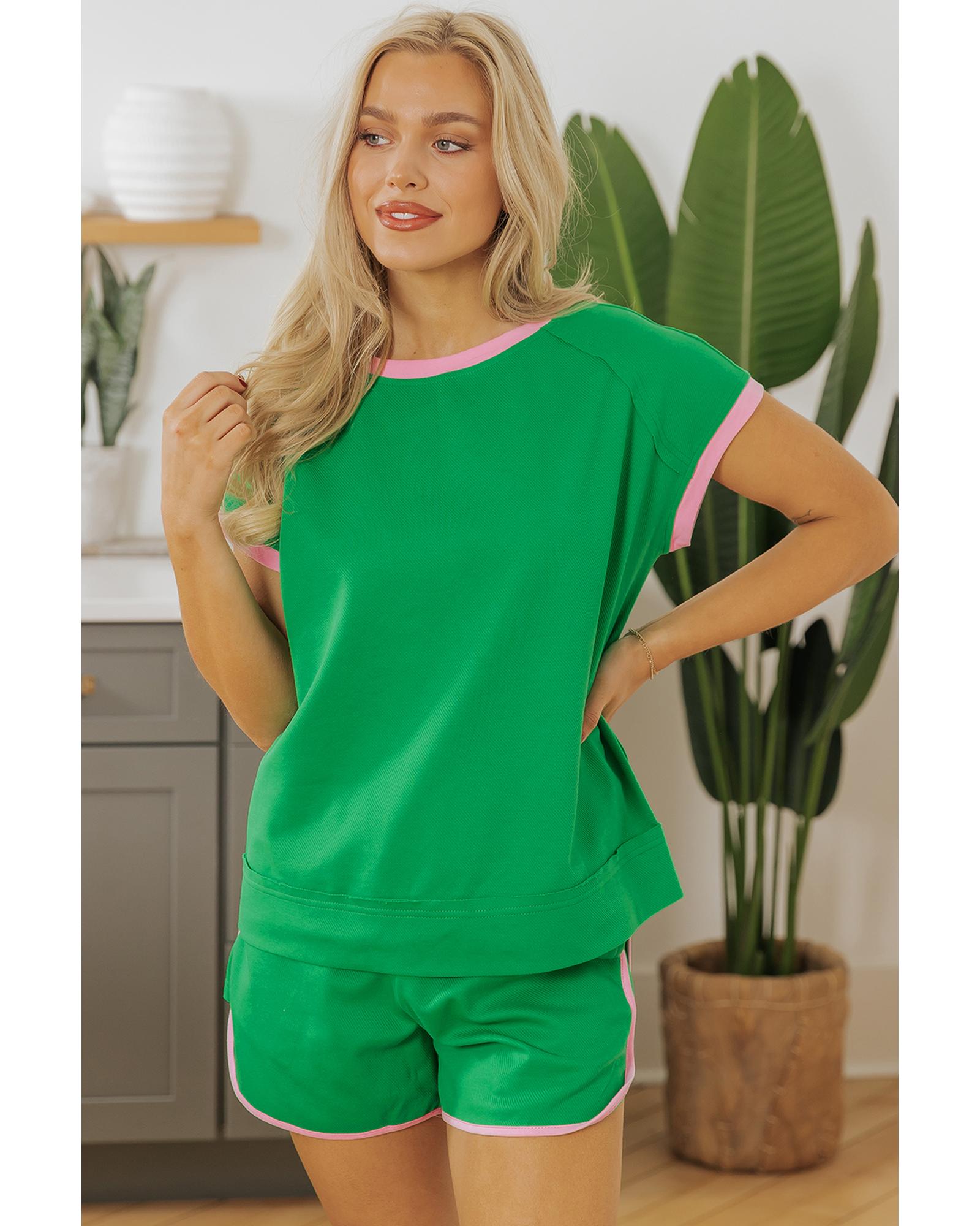 Bright Green Two Tone Contrast Textured Crewneck Tee and Shorts Set - L 4