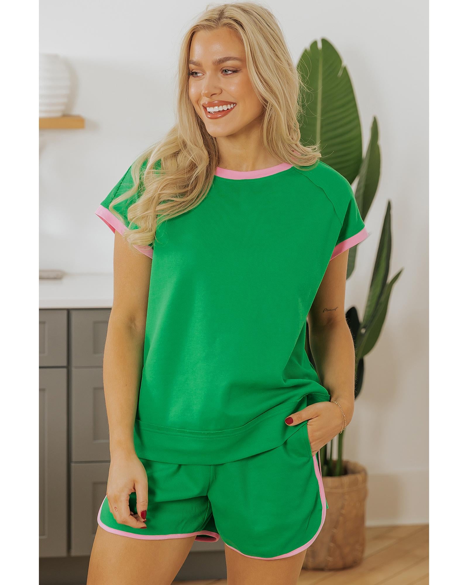 Bright Green Two Tone Contrast Textured Crewneck Tee and Shorts Set - M 3