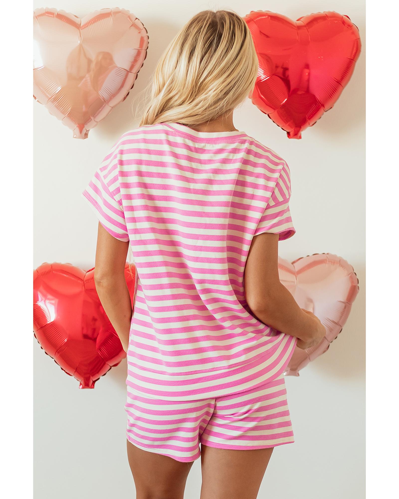 Rose Stripe Crew Neck T Shirt and Drawstring Shorts Set - M