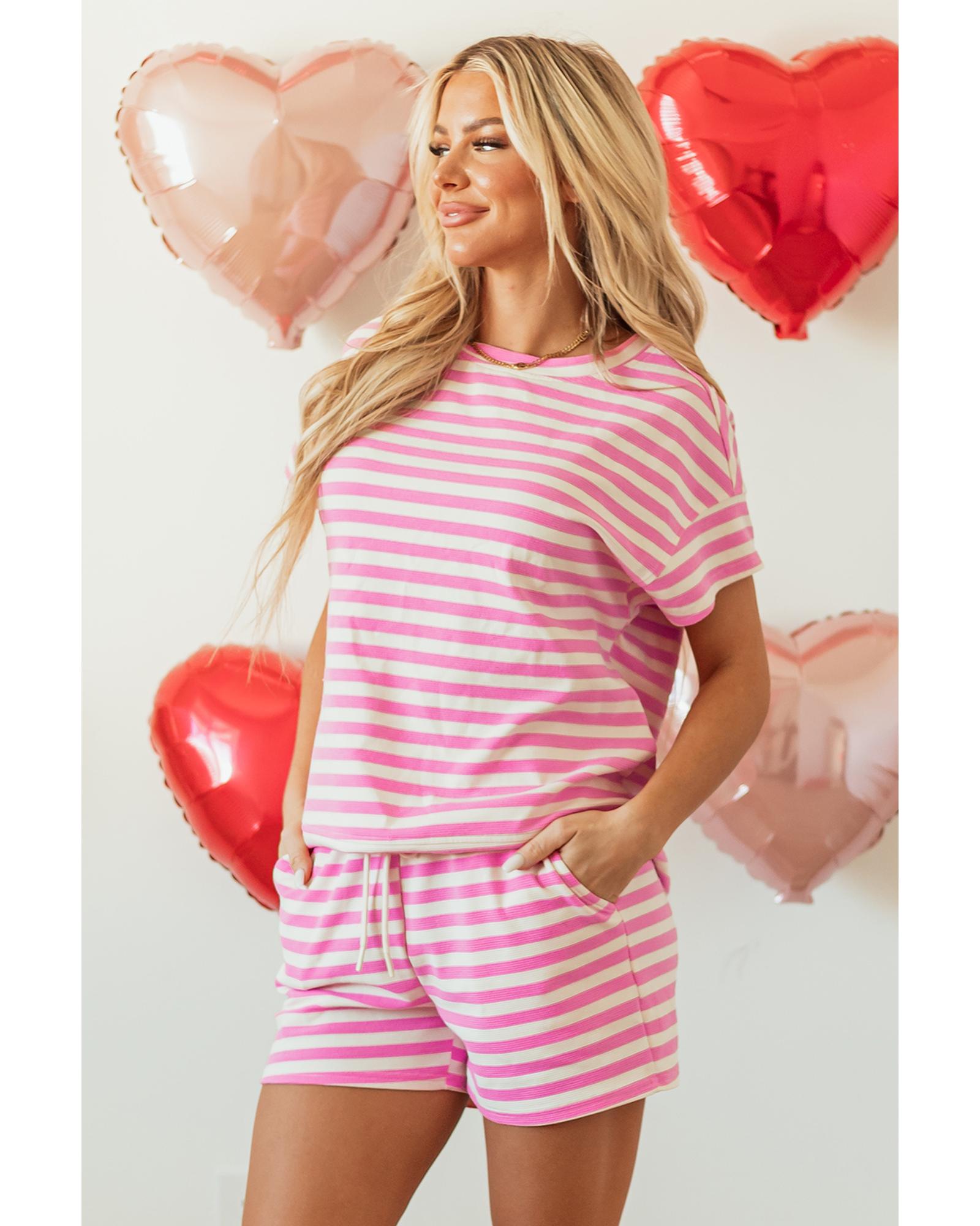 Rose Stripe Crew Neck T Shirt and Drawstring Shorts Set - M 4