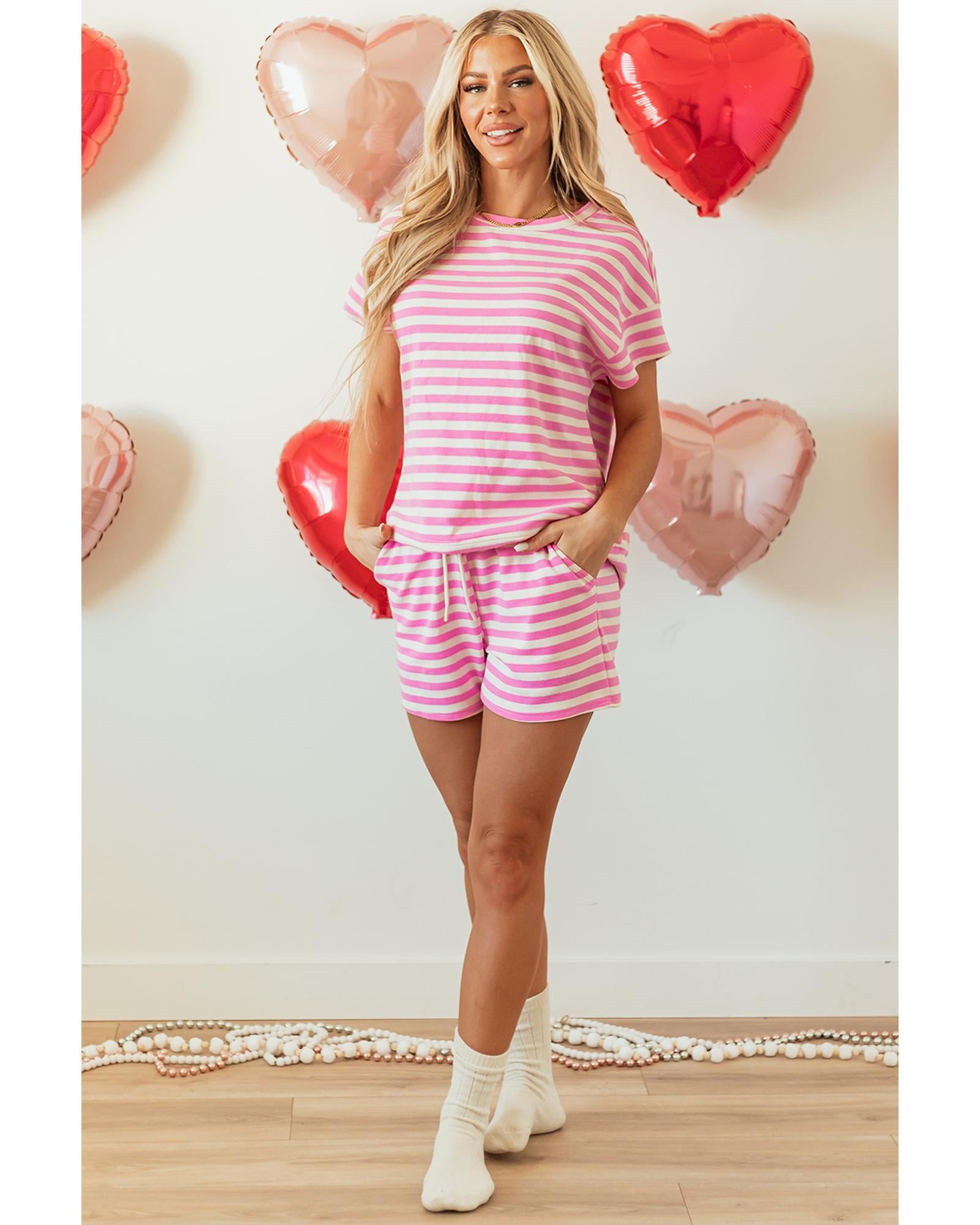 Rose Stripe Crew Neck T Shirt and Drawstring Shorts Set - M 6