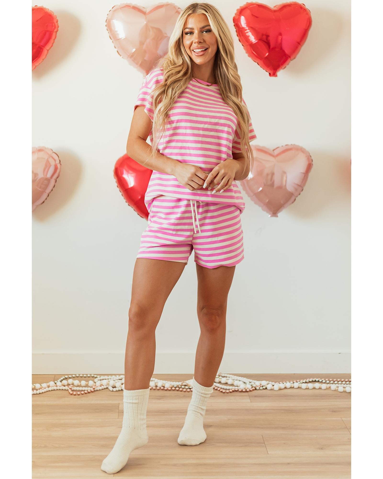 Rose Stripe Crew Neck T Shirt and Drawstring Shorts Set - M 7