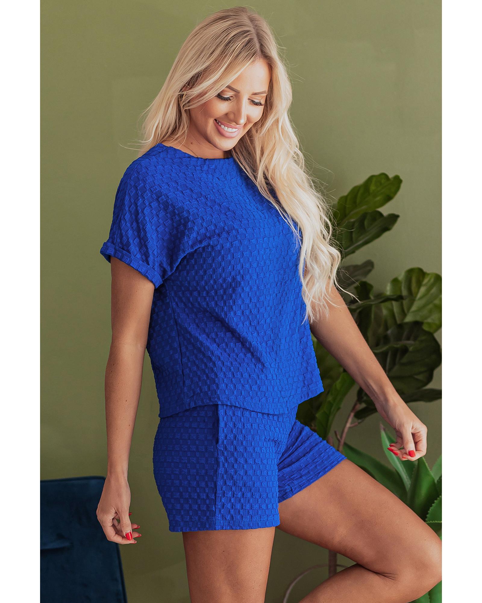 Sky Blue Jacquard Textured Buttoned Tee and Shorts Set - XL