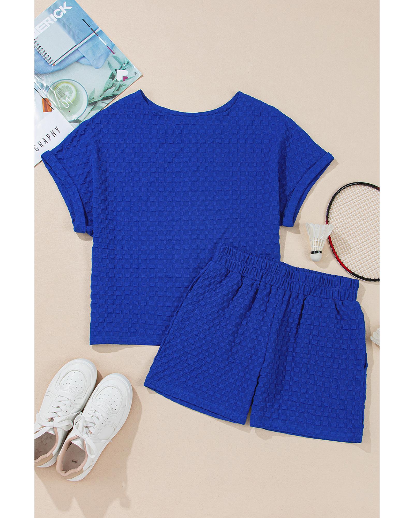 Sky Blue Jacquard Textured Buttoned Tee and Shorts Set - XL 7