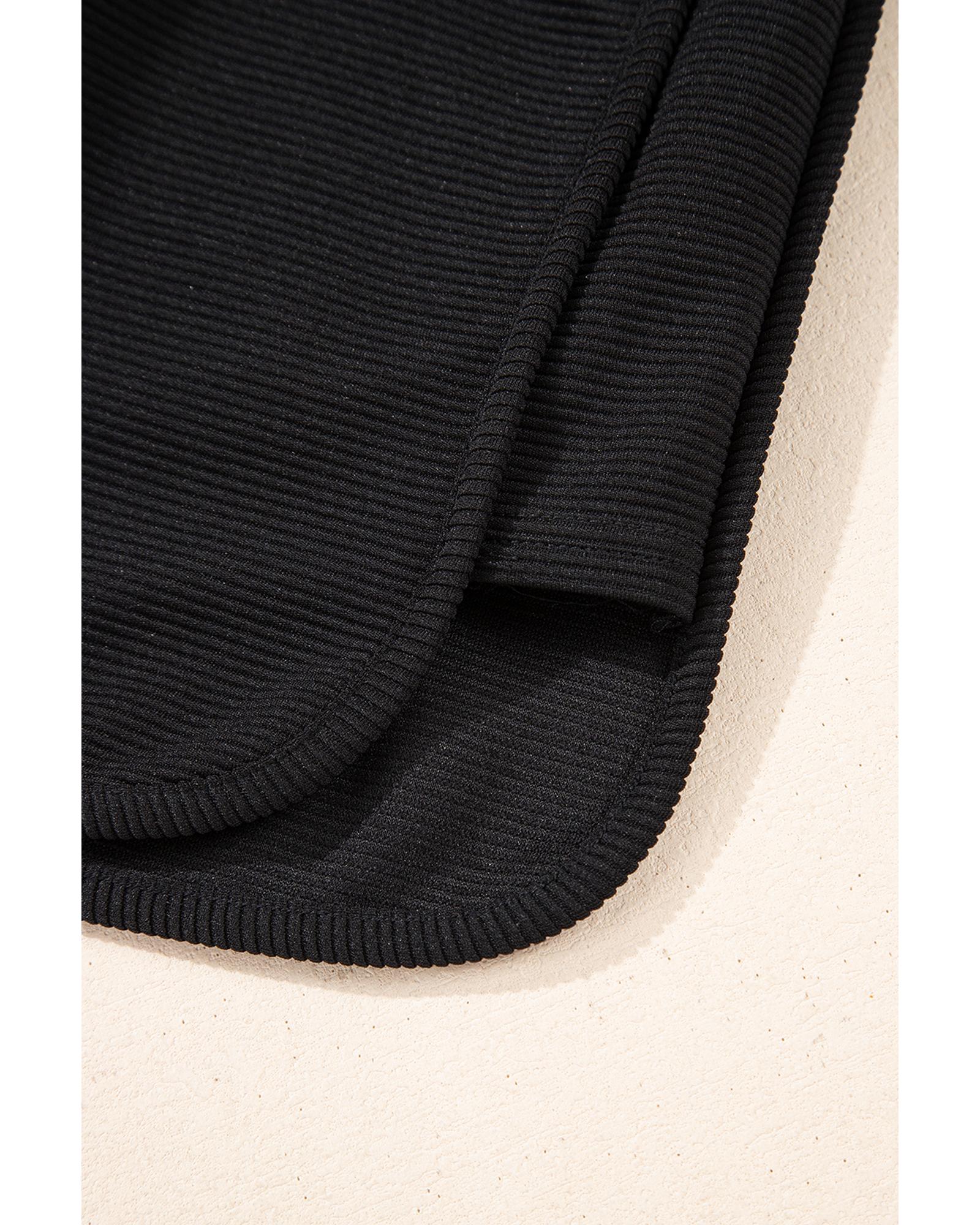 Black Textured Half Zip Kangaroo Pocket Top Drawstring Shorts Set - L 4