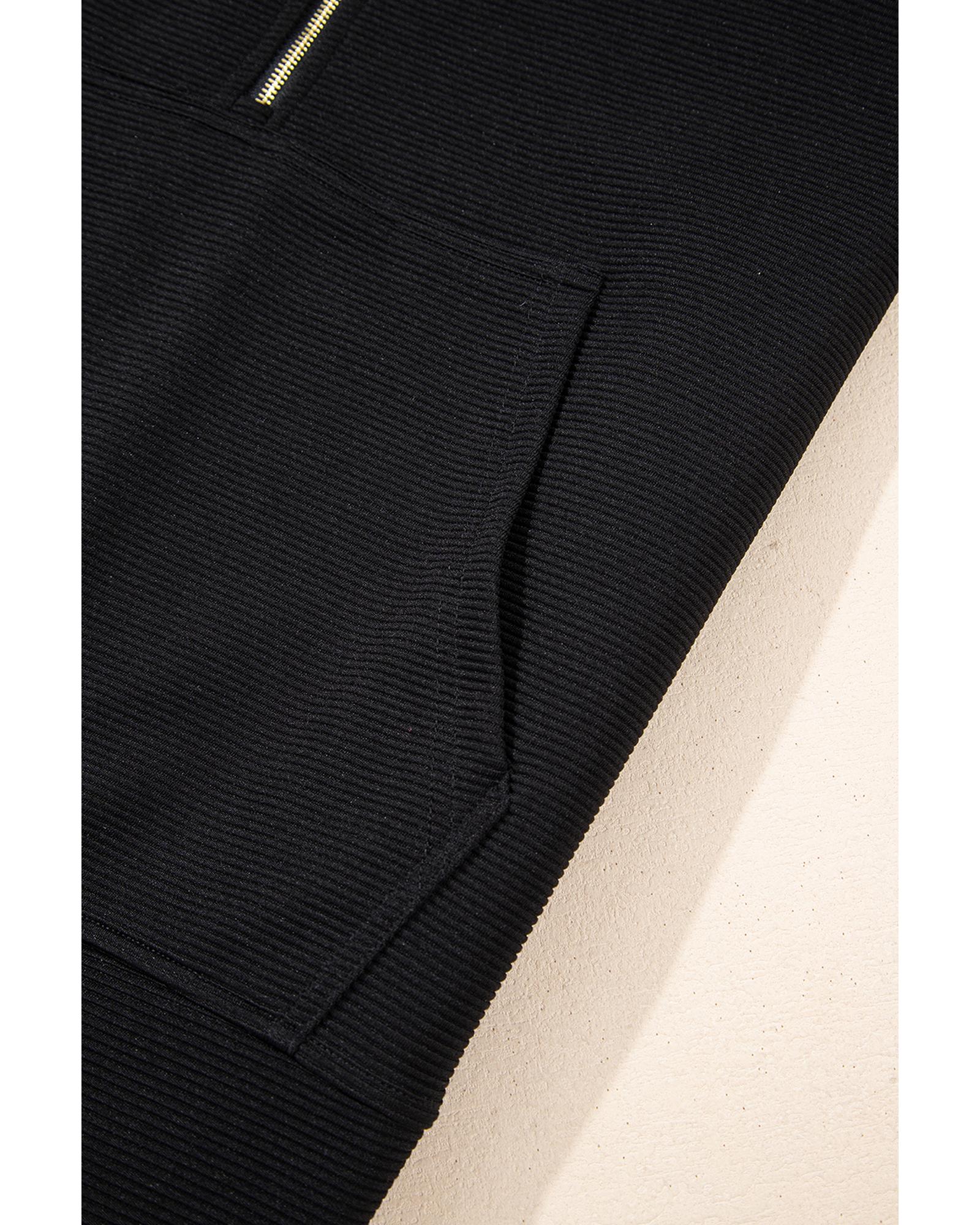 Black Textured Half Zip Kangaroo Pocket Top Drawstring Shorts Set - L 6