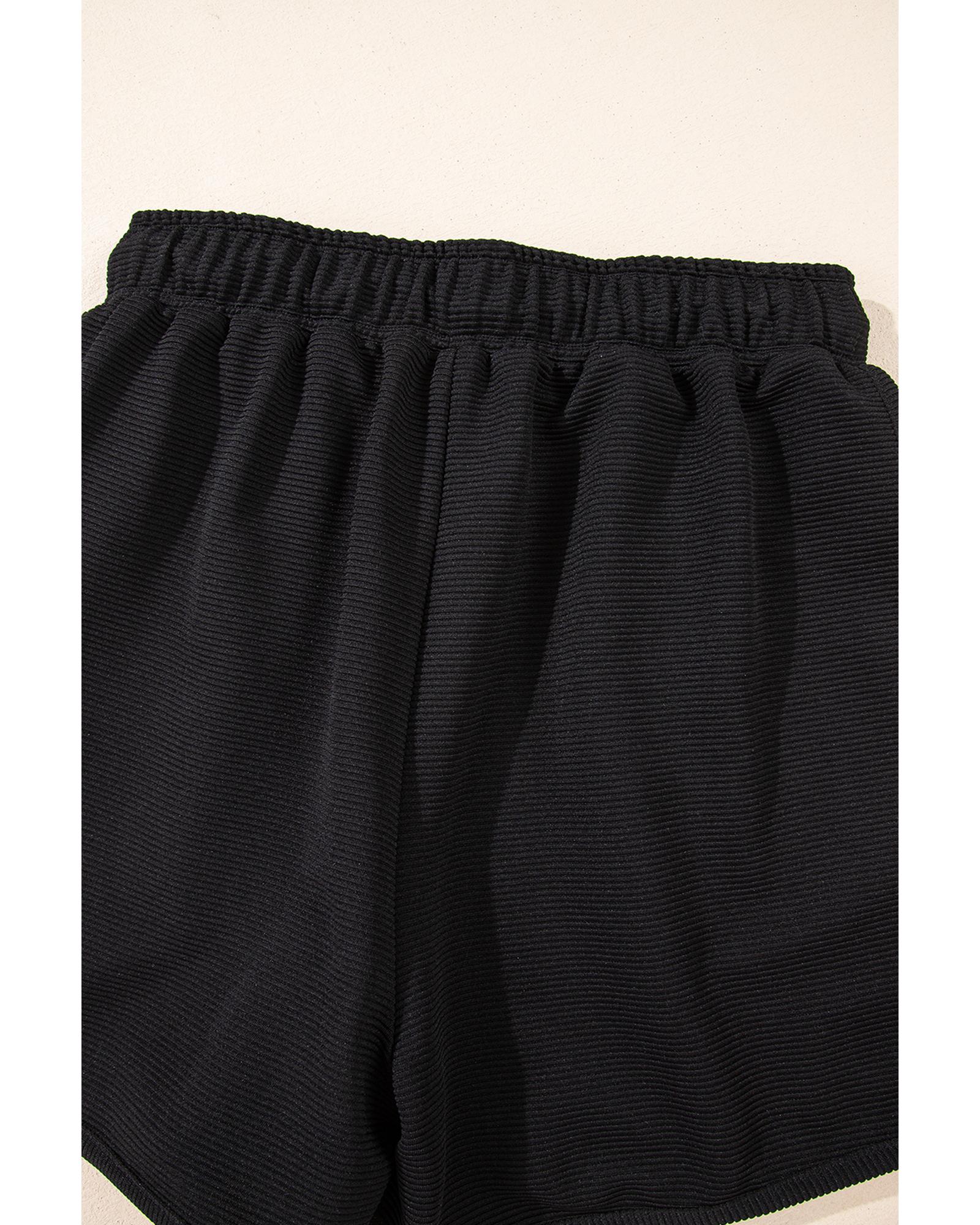 Black Textured Half Zip Kangaroo Pocket Top Drawstring Shorts Set - S 6