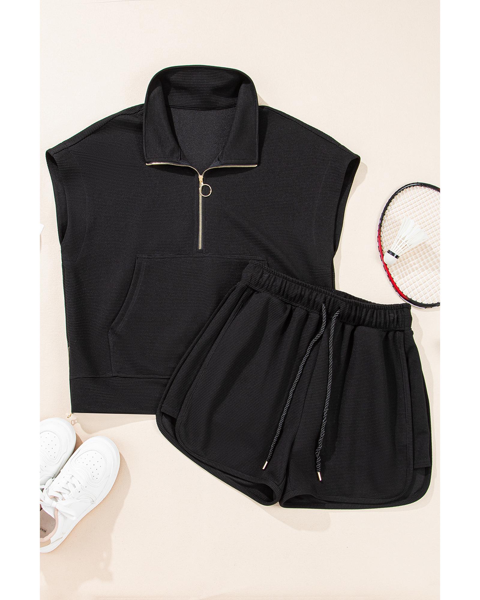Black Textured Half Zip Kangaroo Pocket Top Drawstring Shorts Set - XL