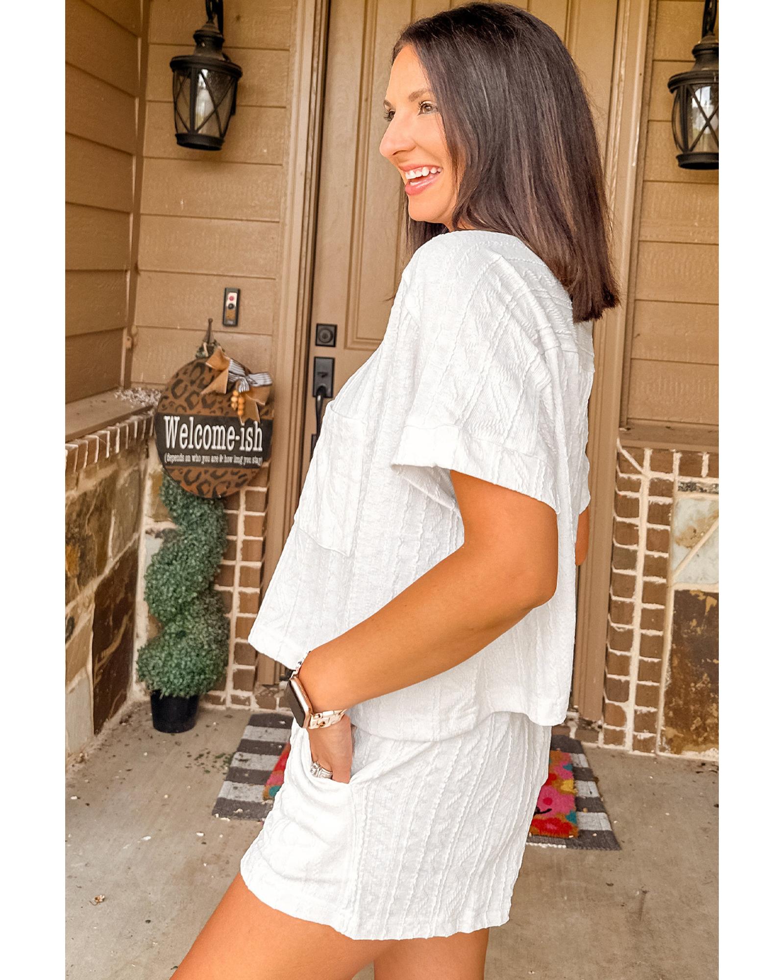 Jet Stream Textured Patched Pocket Short Sleeve Top Drawstring Shorts Set - M 3