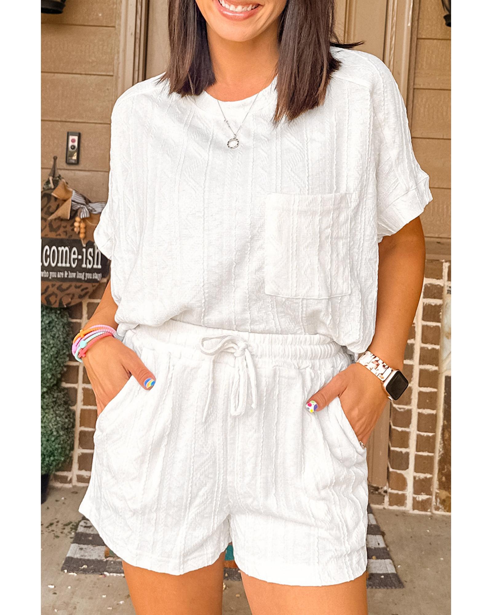 Jet Stream Textured Patched Pocket Short Sleeve Top Drawstring Shorts Set - M 4
