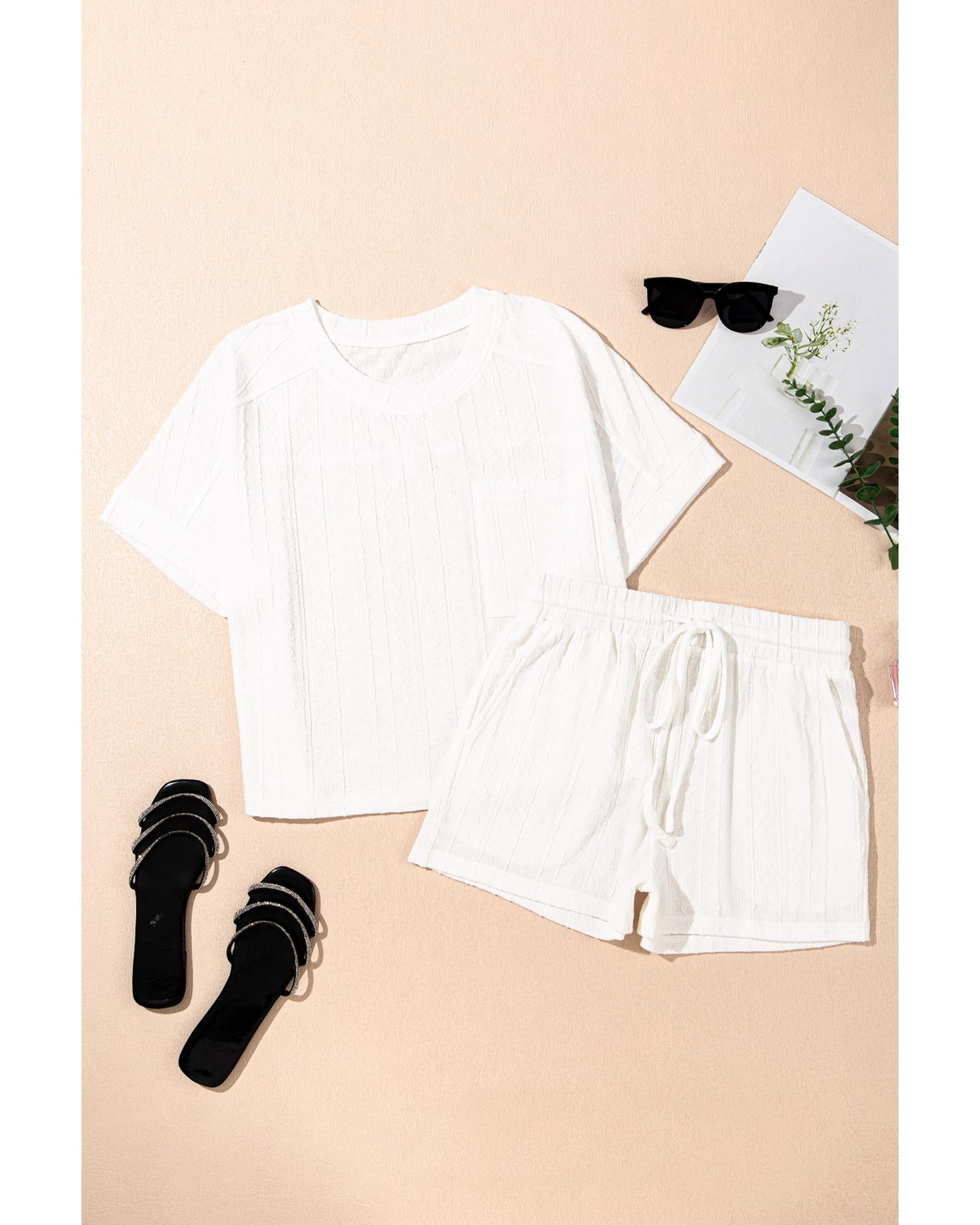 Jet Stream Textured Patched Pocket Short Sleeve Top Drawstring Shorts Set - M 7