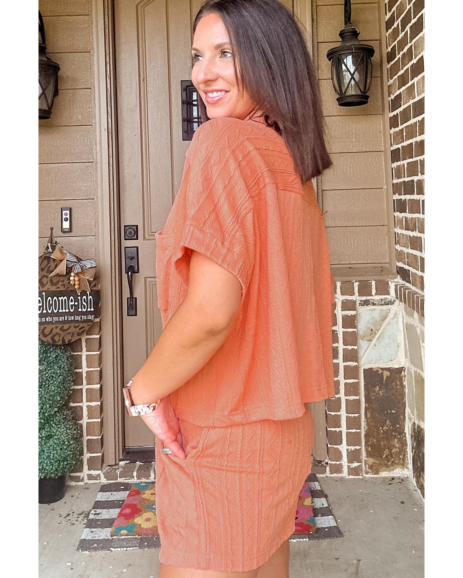 Pale Chestnut Textured Patched Pocket Short Sleeve Top Drawstring Shorts Set - M