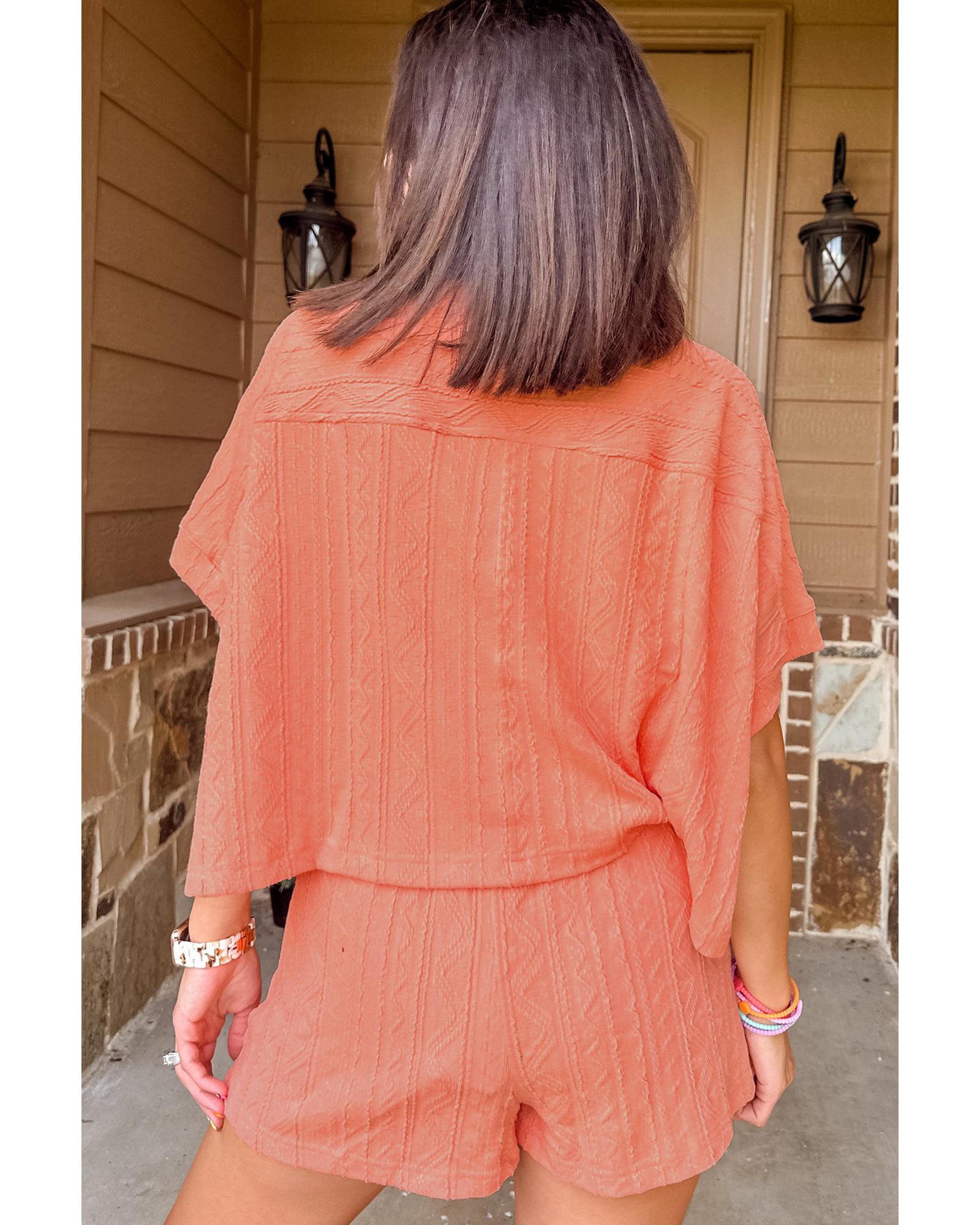 Pale Chestnut Textured Patched Pocket Short Sleeve Top Drawstring Shorts Set - S 3