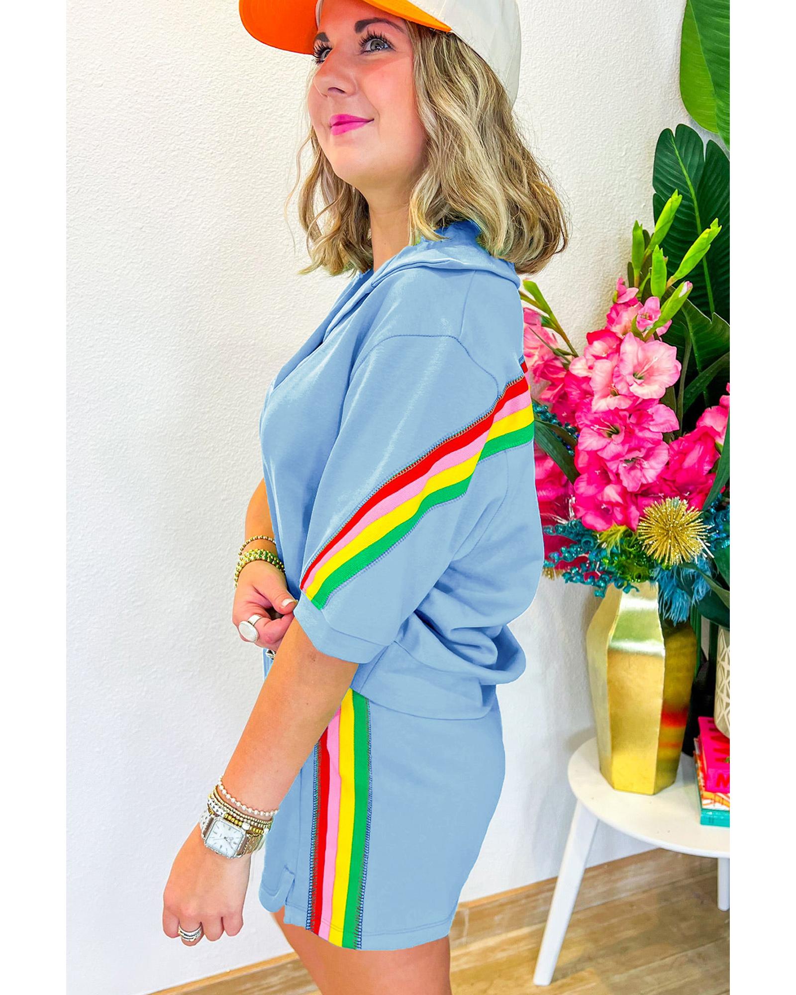 Sky Blue Rainbow Colorblock Collared Short Sleeve Top 2 Piece Shorts Set - L