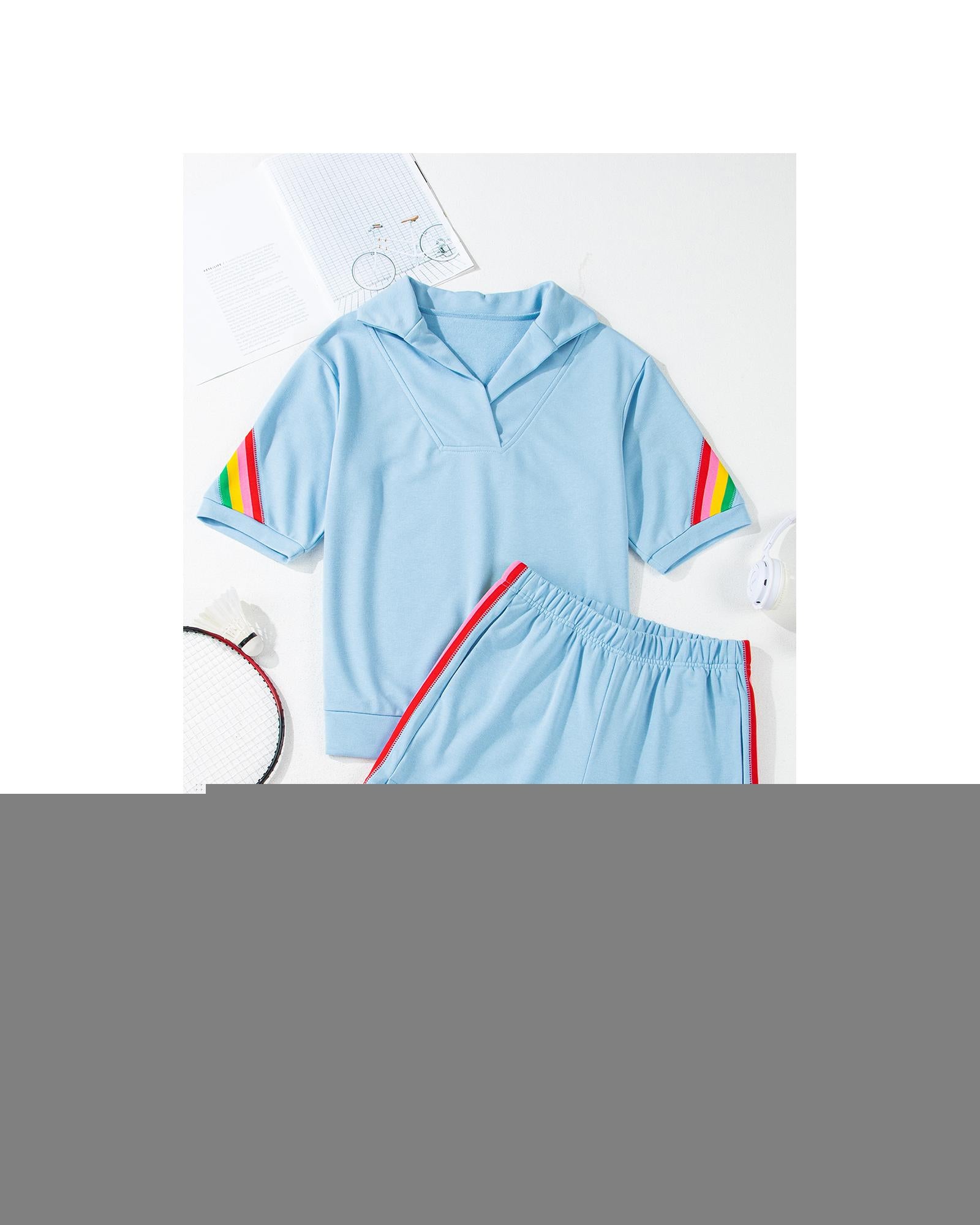 Sky Blue Rainbow Colorblock Collared Short Sleeve Top 2 Piece Shorts Set - L 4