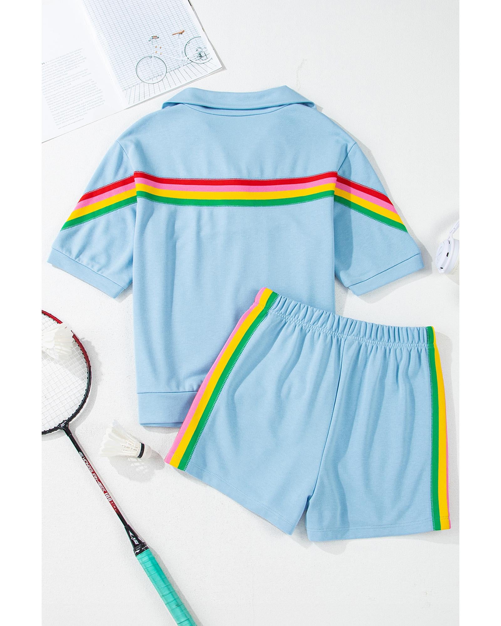 Sky Blue Rainbow Colorblock Collared Short Sleeve Top 2 Piece Shorts Set - L 5