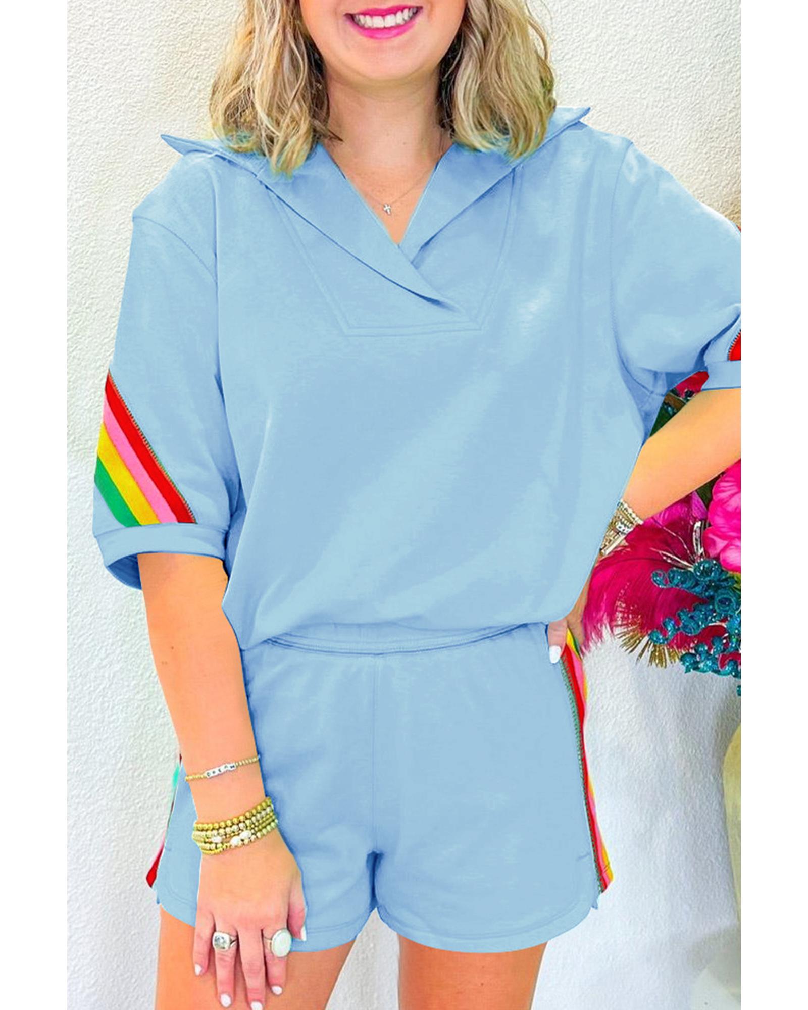 Sky Blue Rainbow Colorblock Collared Short Sleeve Top 2 Piece Shorts Set - M