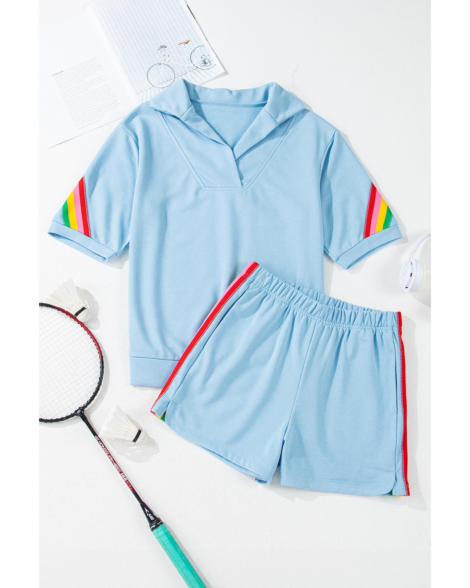 Sky Blue Rainbow Colorblock Collared Short Sleeve Top 2 Piece Shorts Set - M 4