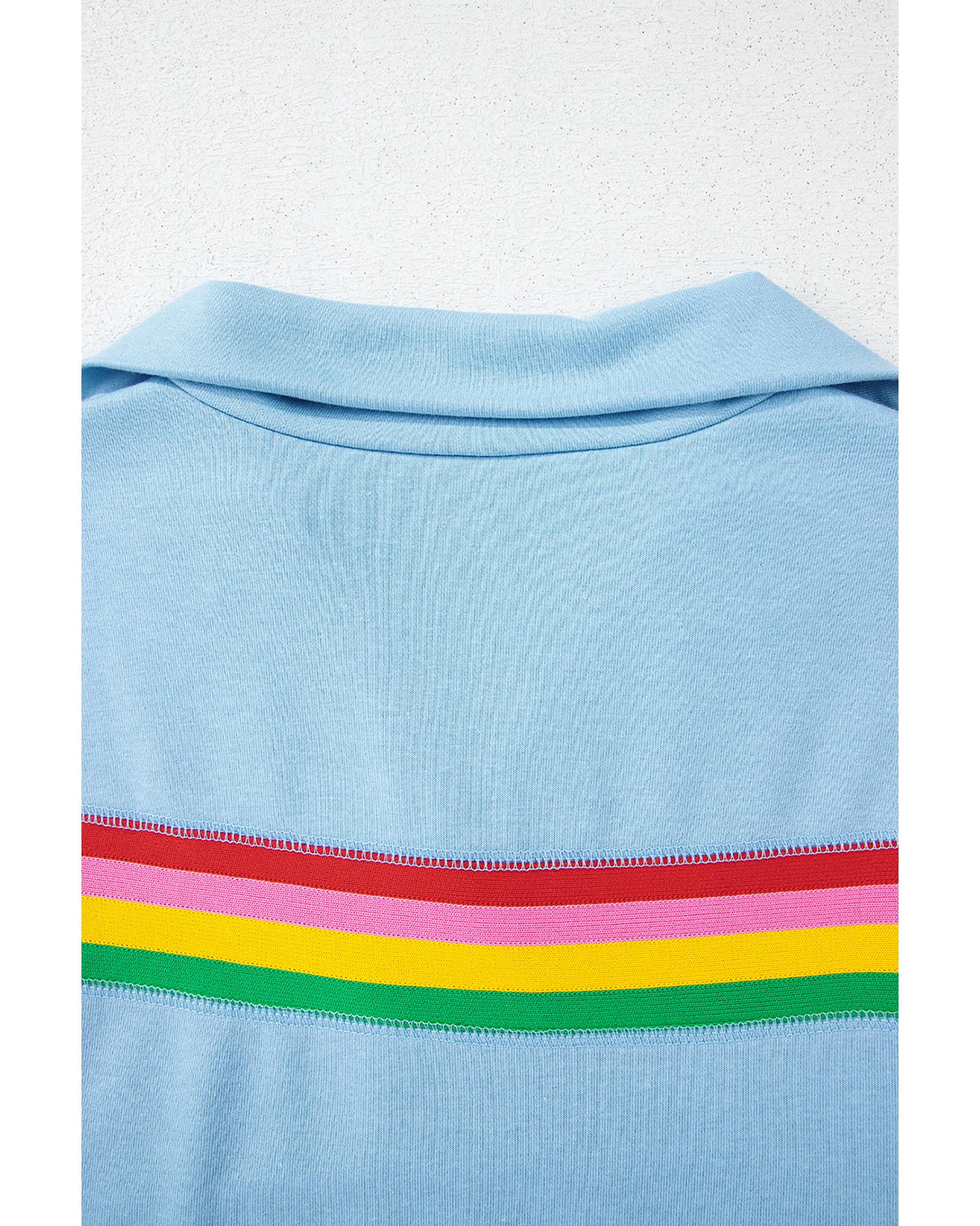 Sky Blue Rainbow Colorblock Collared Short Sleeve Top 2 Piece Shorts Set - S 6