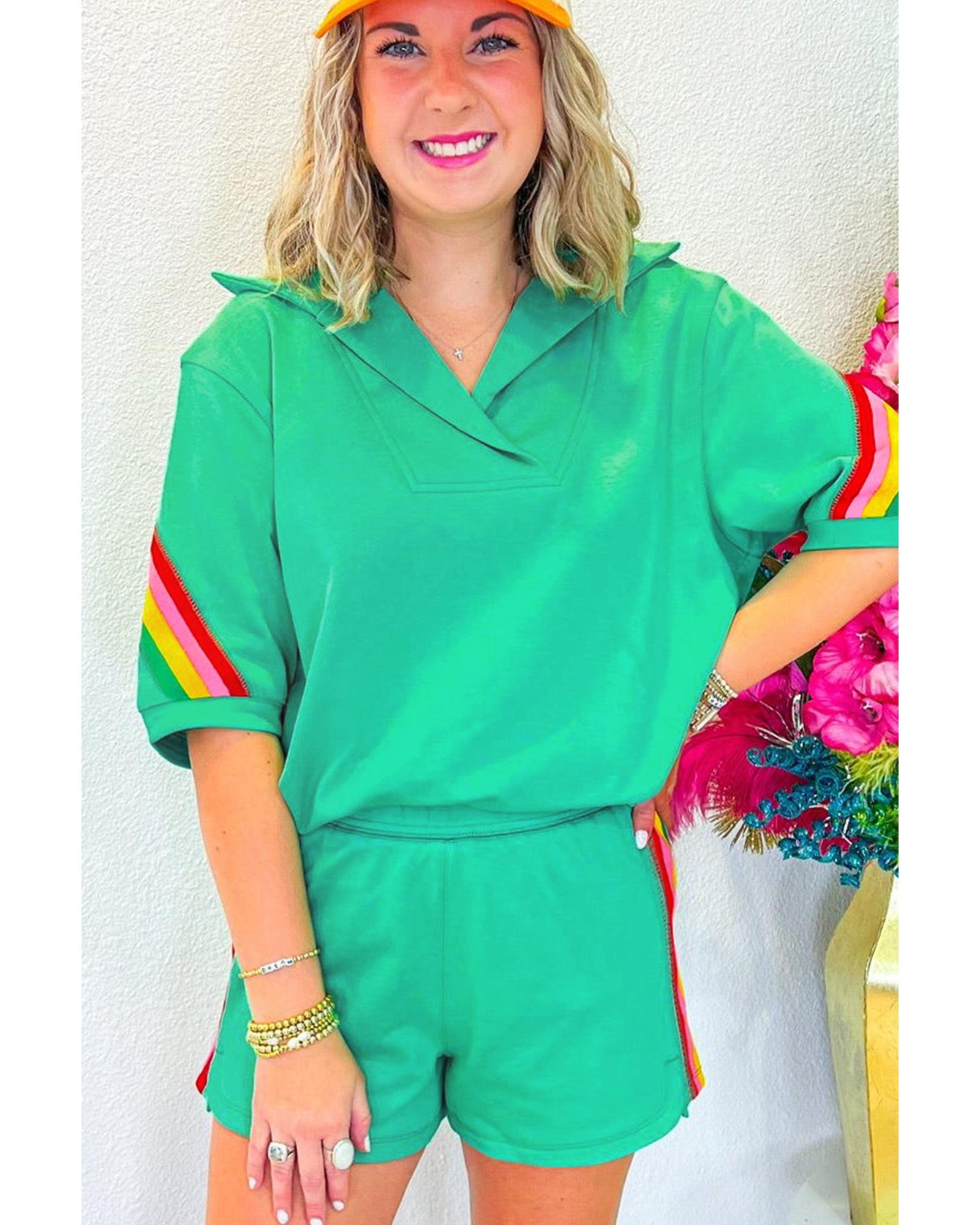 Sea Green Rainbow Colorblock Collared Short Sleeve Top 2 Piece Shorts Set - XL 3