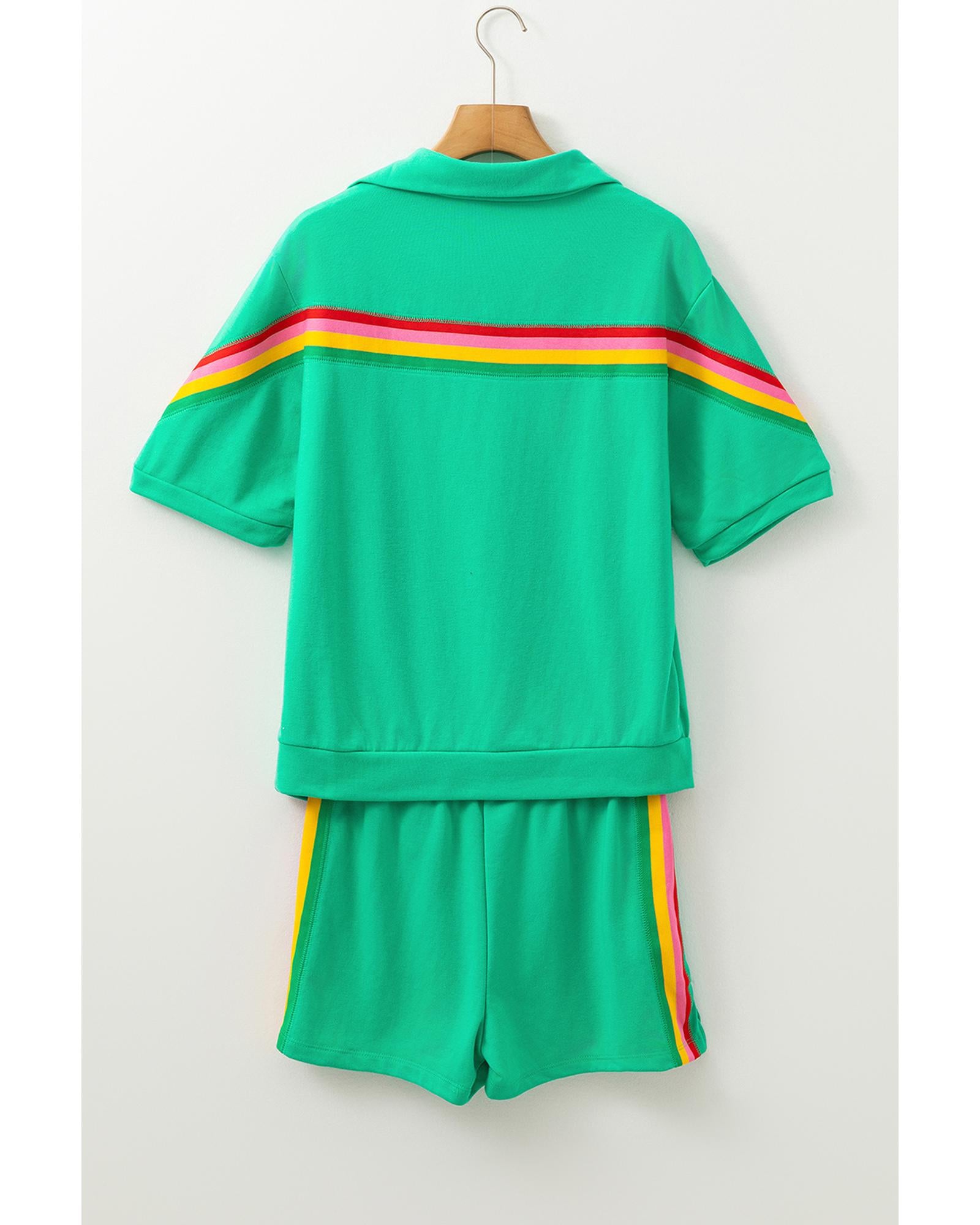 Sea Green Rainbow Colorblock Collared Short Sleeve Top 2 Piece Shorts Set - XL 4