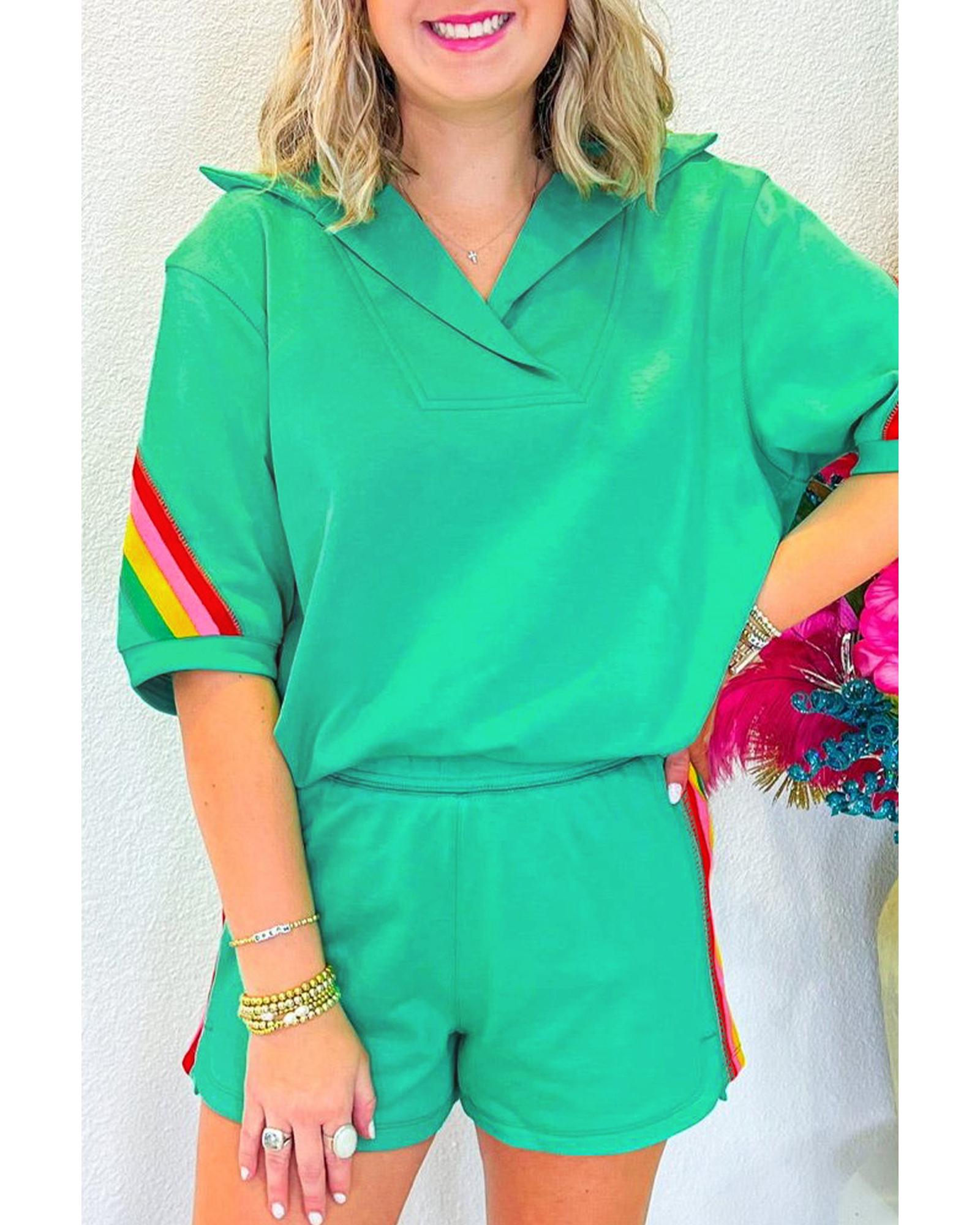 Sea Green Rainbow Colorblock Collared Short Sleeve Top 2 Piece Shorts Set - XL 6