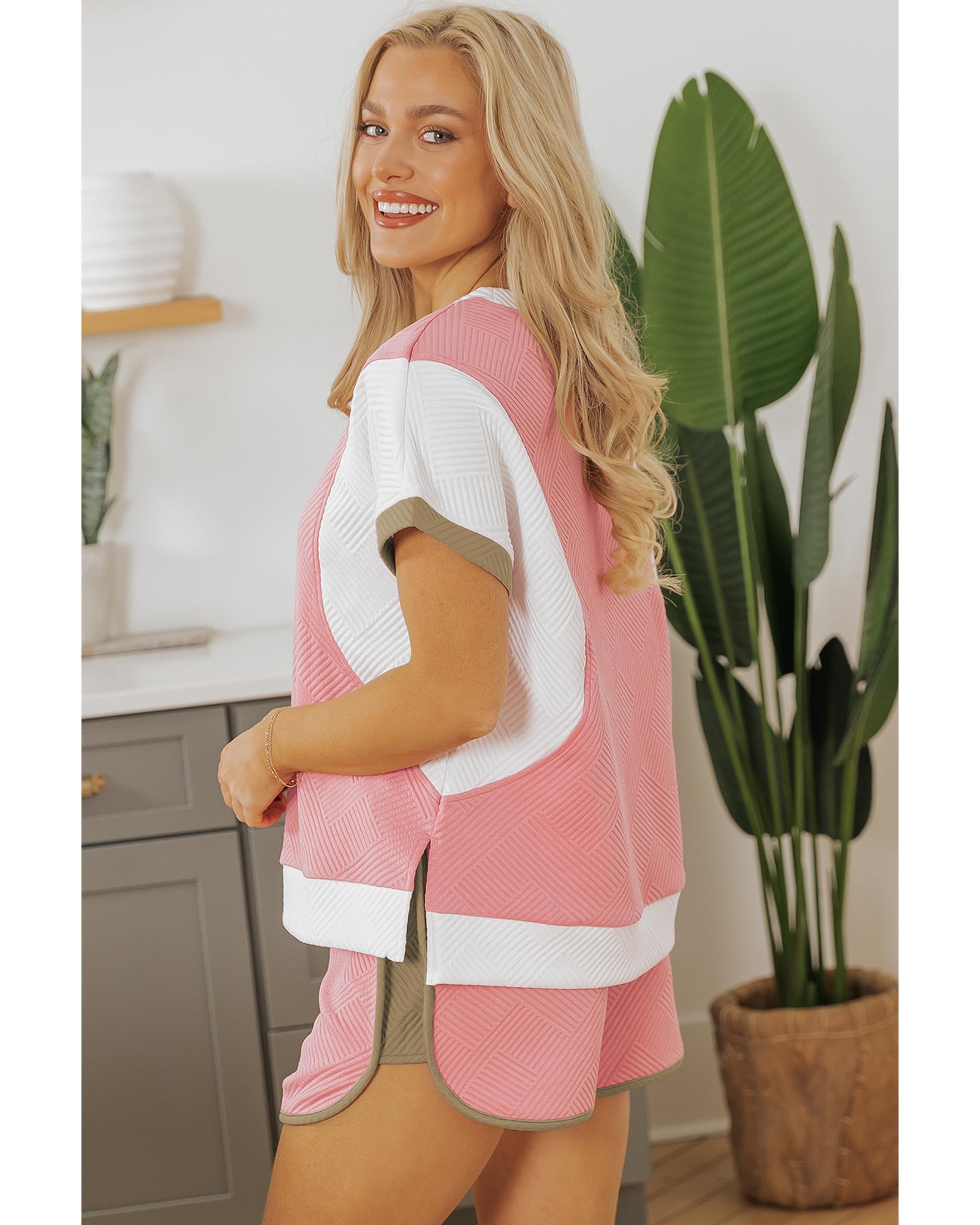 Pink Textured Colorblock Patchwork Tee Two Piece Shorts Set - L 3