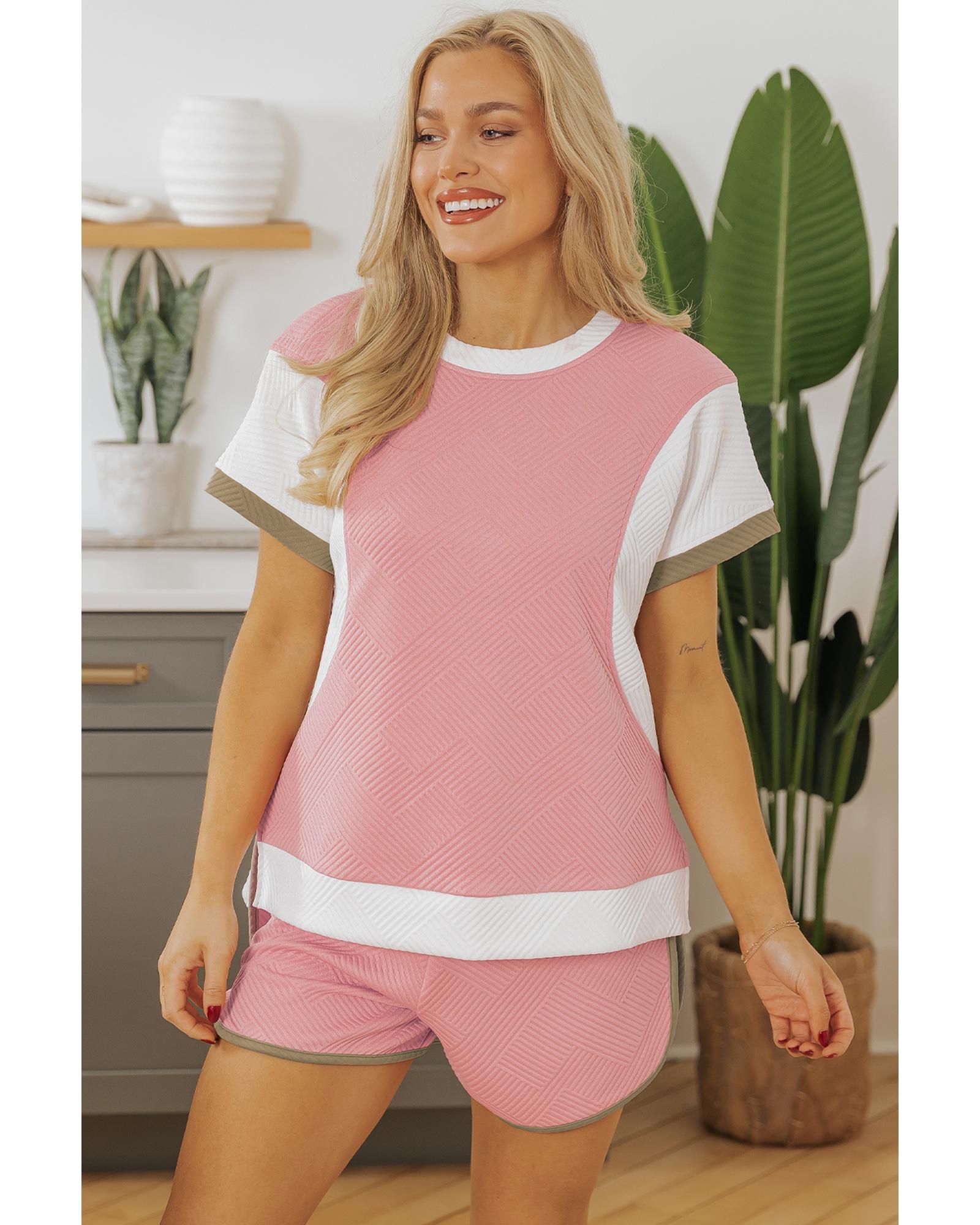 Pink Textured Colorblock Patchwork Tee Two Piece Shorts Set - L 4
