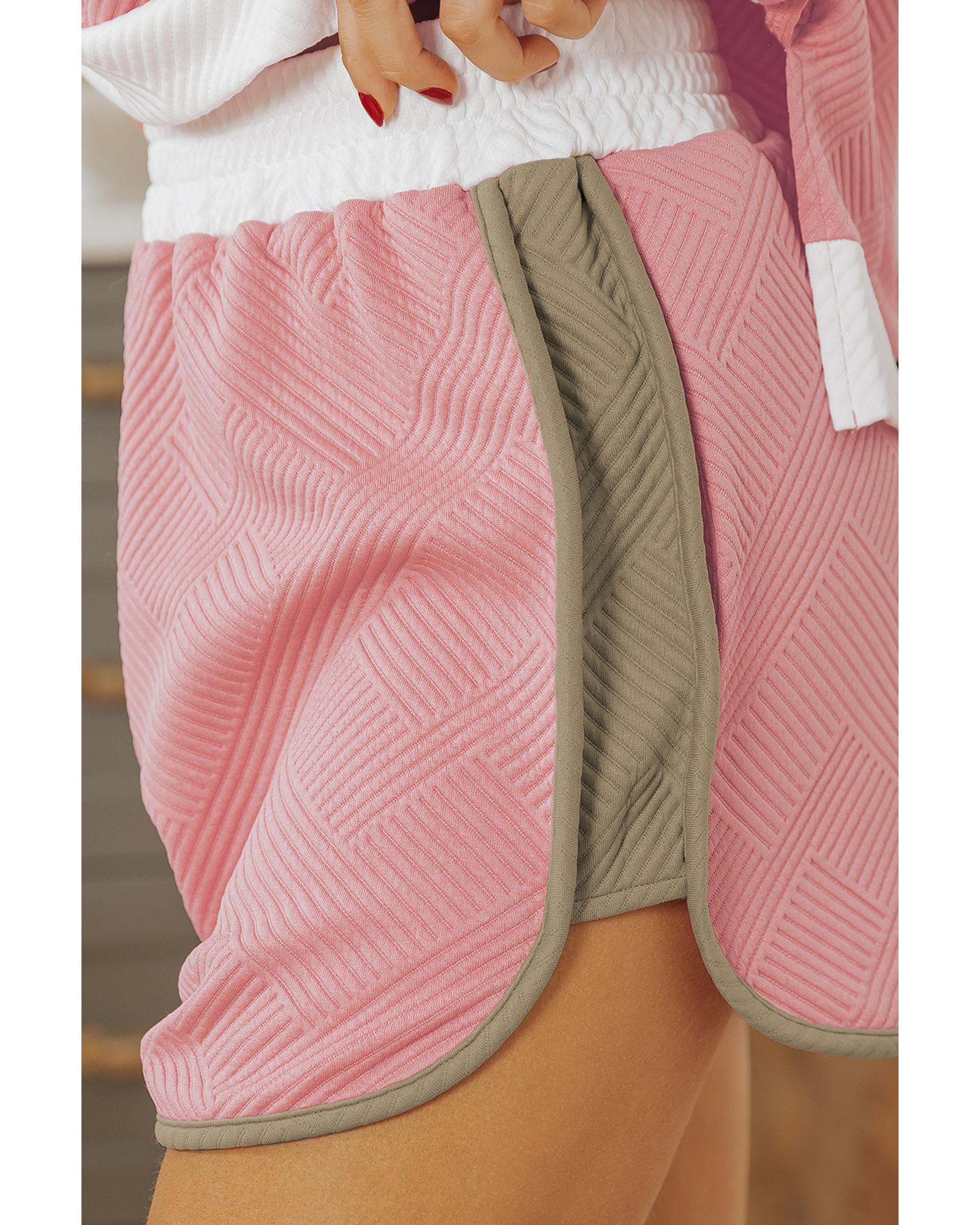 Pink Textured Colorblock Patchwork Tee Two Piece Shorts Set - L 6