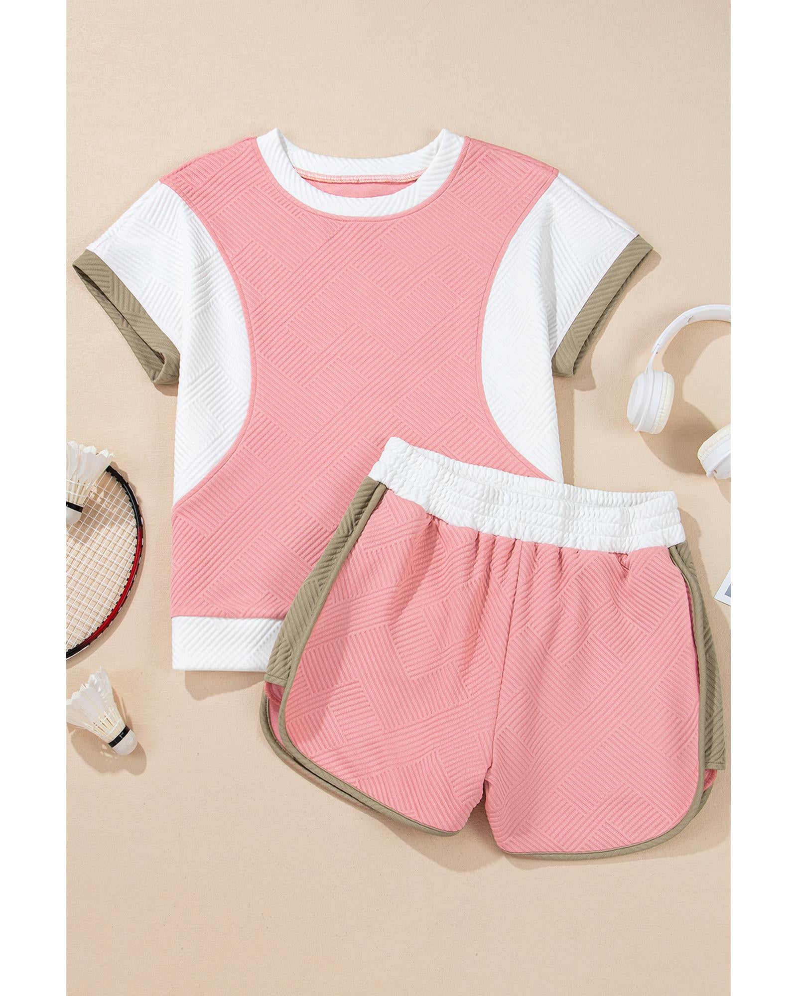 Pink Textured Colorblock Patchwork Tee Two Piece Shorts Set - L 8