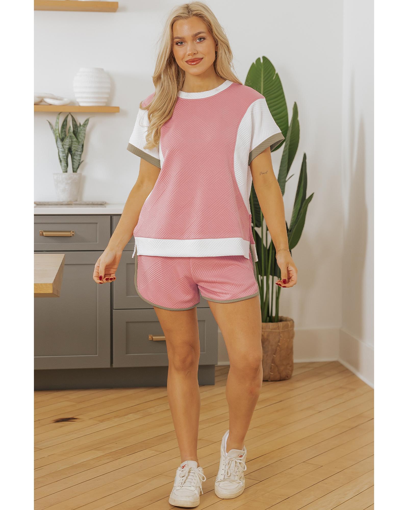 Pink Textured Colorblock Patchwork Tee Two Piece Shorts Set - XL 5