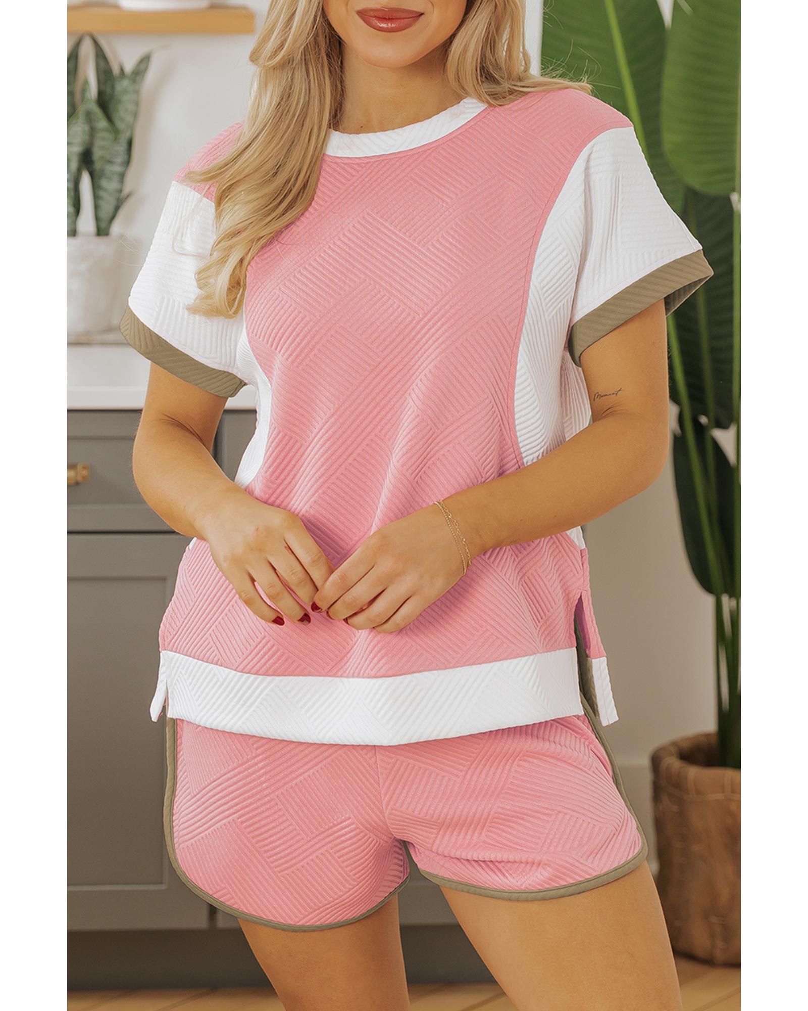 Pink Textured Colorblock Patchwork Tee Two Piece Shorts Set - XL 7