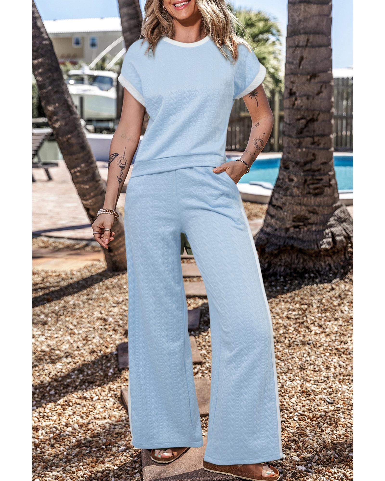 Beau Blue Textured Colorblock Edge Tank Top High Waist Pants Set - L