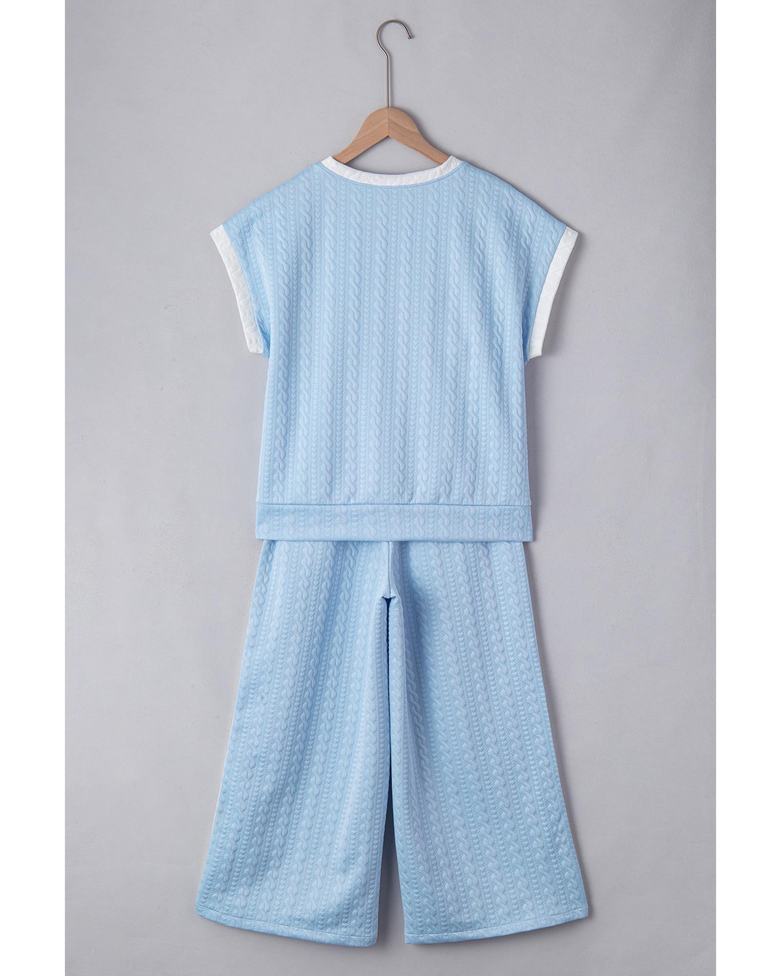 Beau Blue Textured Colorblock Edge Tank Top High Waist Pants Set - M 3