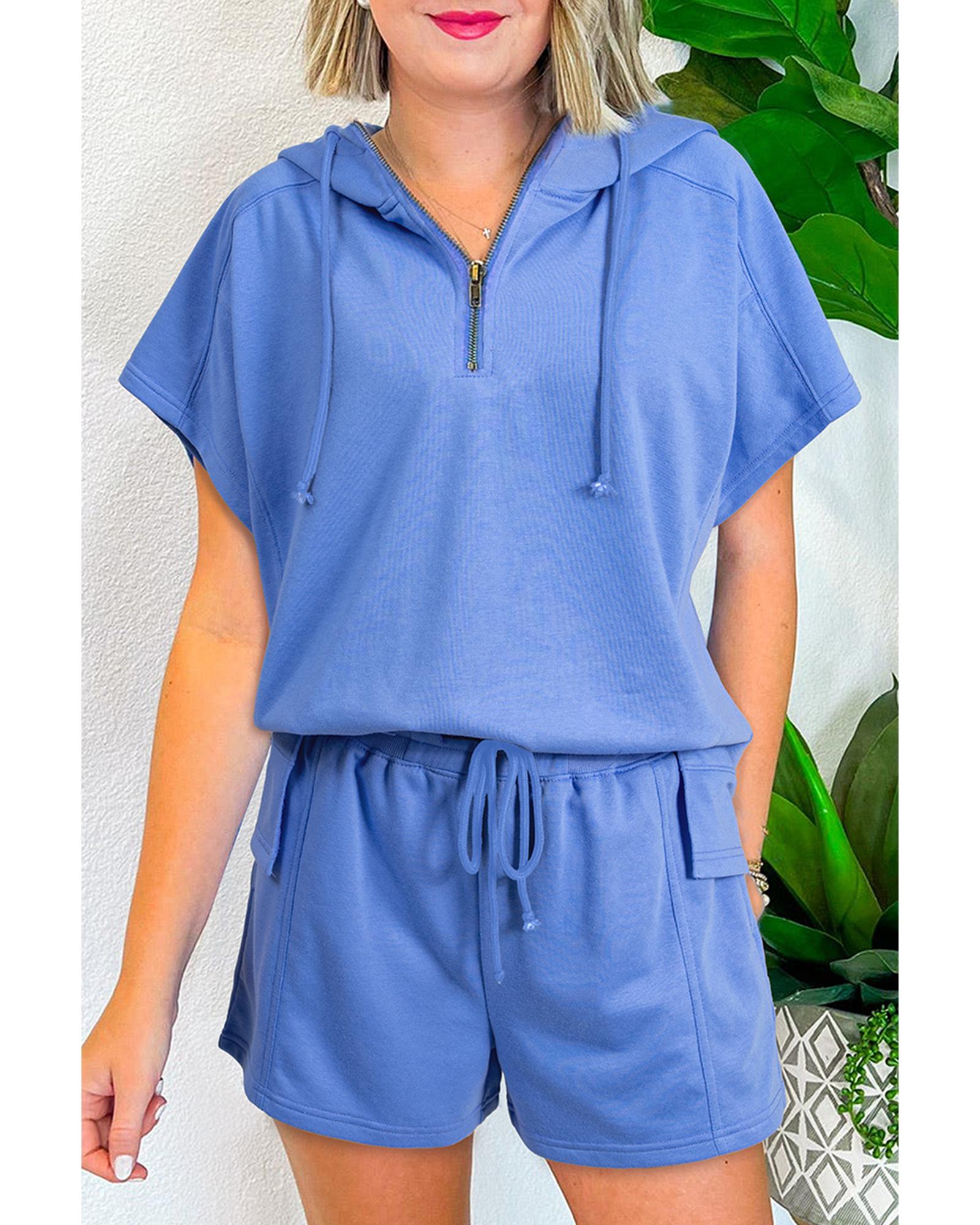 Sky Blue Casual Zipped Short Sleeve Hoodie and Shorts Set - M 3