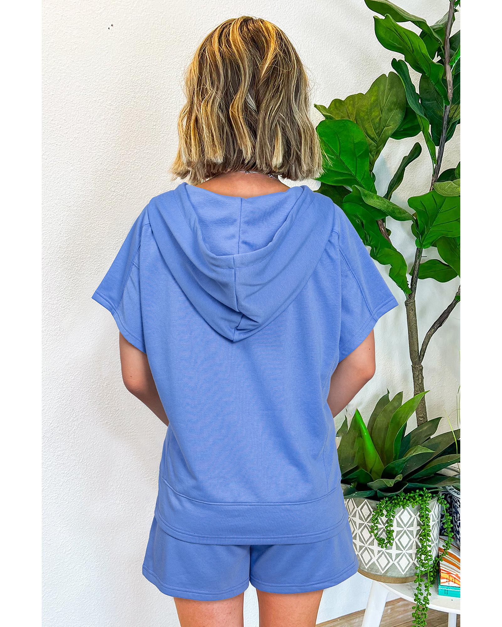 Sky Blue Casual Zipped Short Sleeve Hoodie and Shorts Set - S