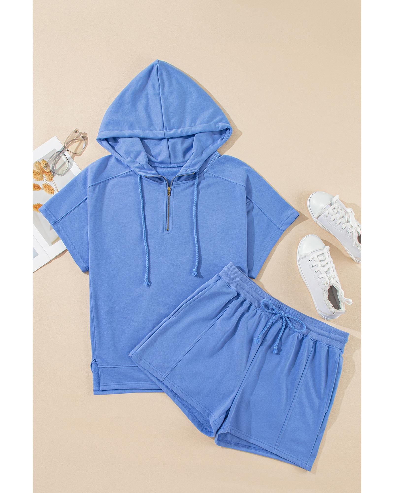 Sky Blue Casual Zipped Short Sleeve Hoodie and Shorts Set - S 6