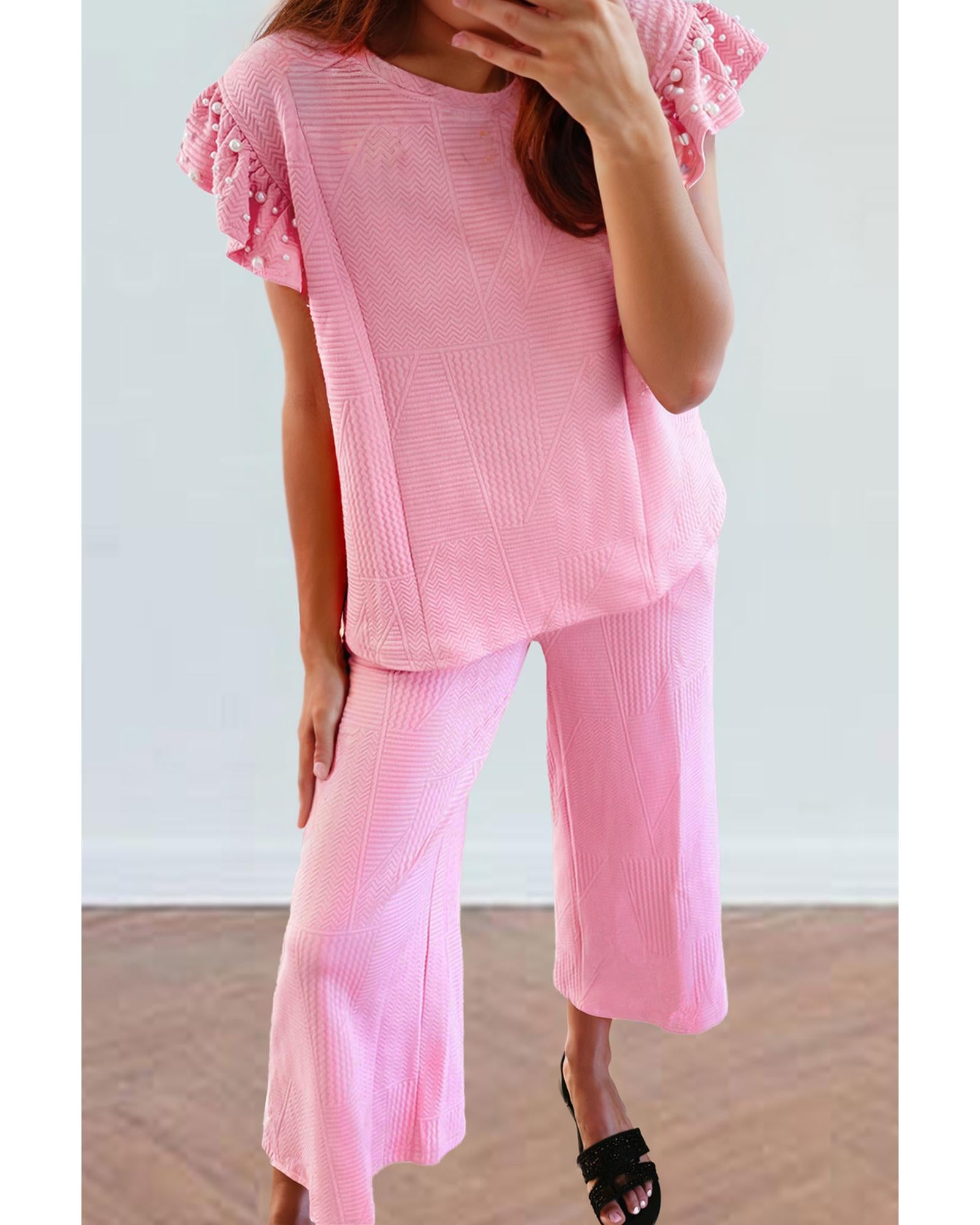 Pink Textured Pearled Ruffled Sleeve Wide Leg Pants Set - L