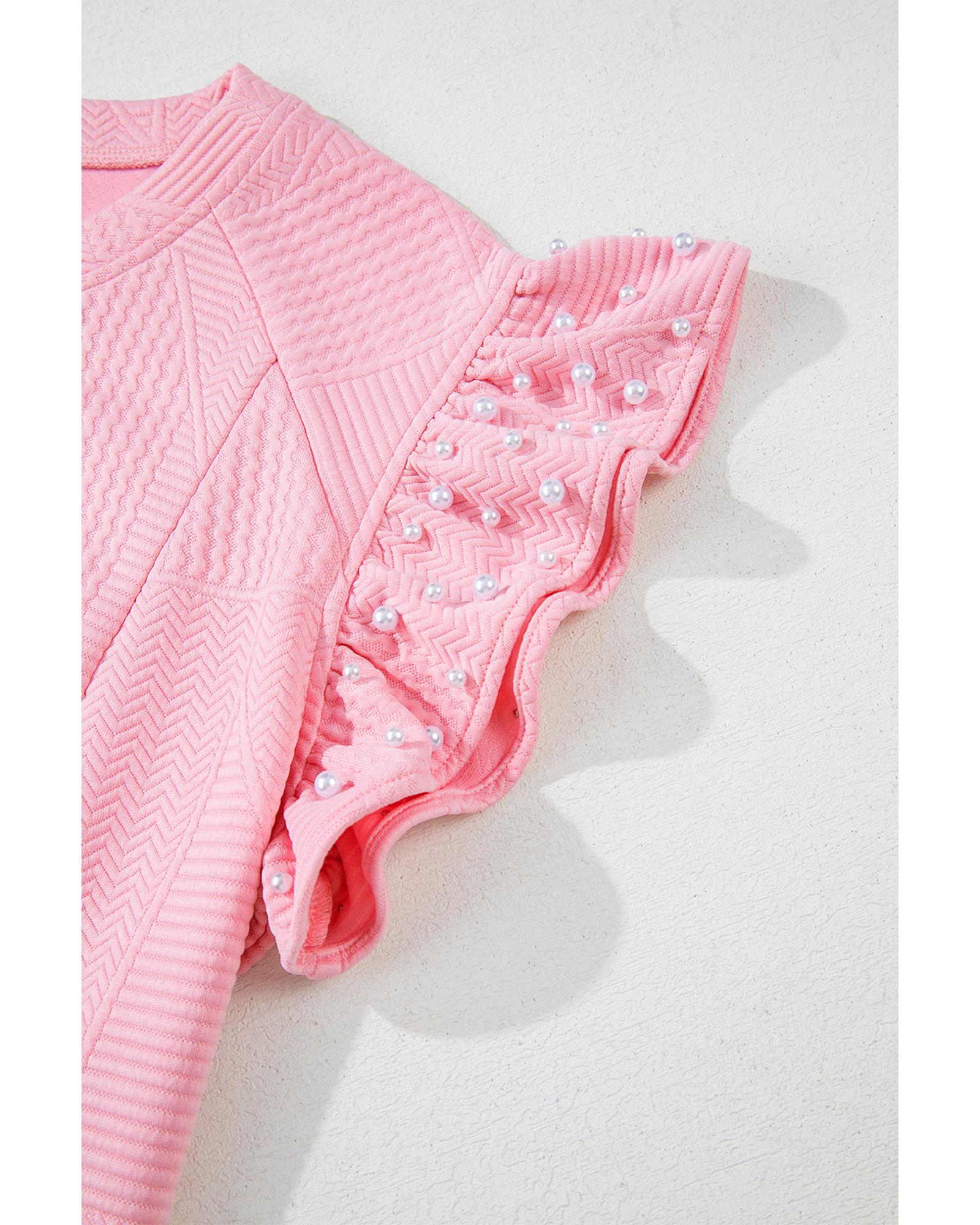 Pink Textured Pearled Ruffled Sleeve Wide Leg Pants Set - L 4