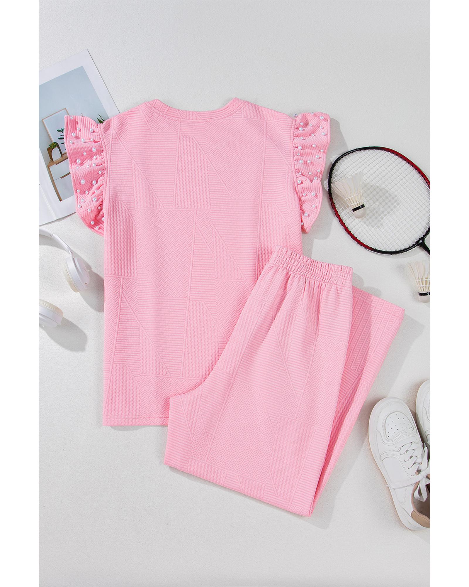 Pink Textured Pearled Ruffled Sleeve Wide Leg Pants Set - L 5