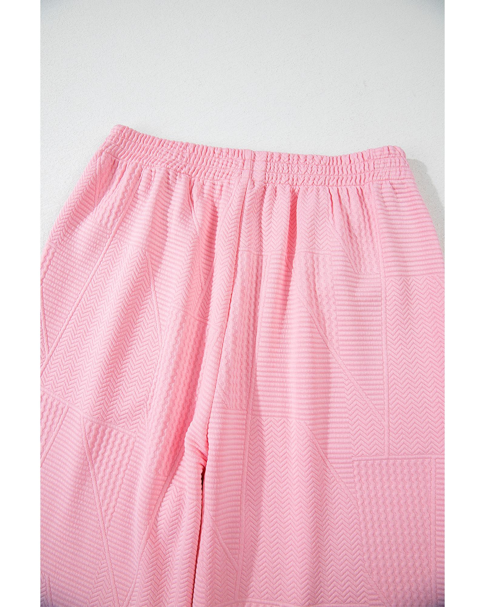 Pink Textured Pearled Ruffled Sleeve Wide Leg Pants Set - L 6