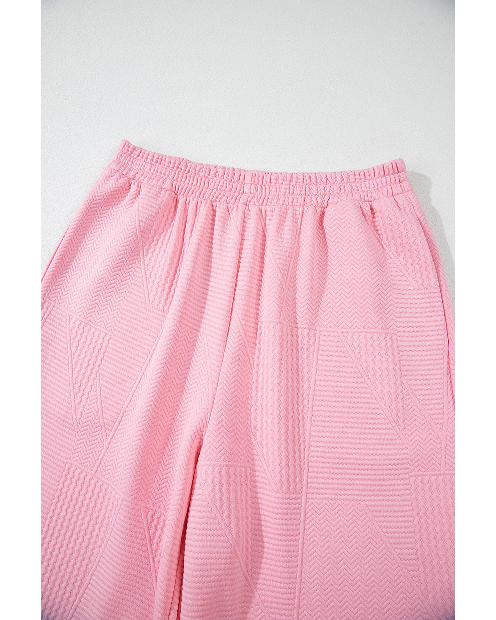 Pink Textured Pearled Ruffled Sleeve Wide Leg Pants Set - L 8