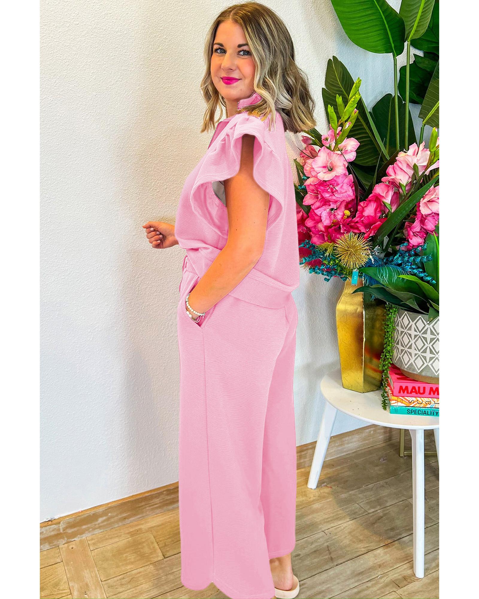 Pink Textured Ruffled Sleeve Zipped Top and Wide Leg Pants Set - L 3